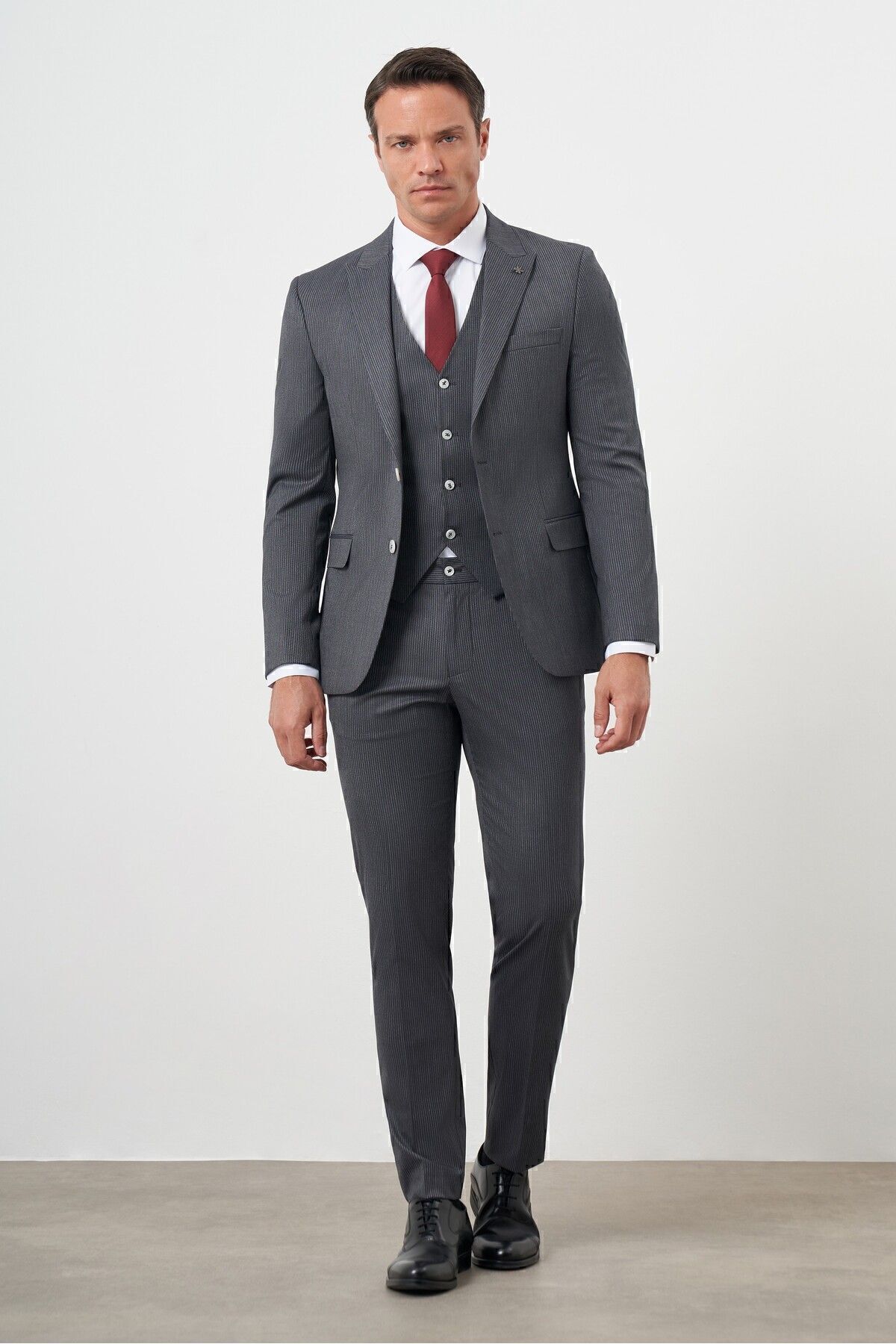 Morven Men's Smoke Polyviscose Trend Vest Striped Pattern Slim Fit Peak Lapel Suit