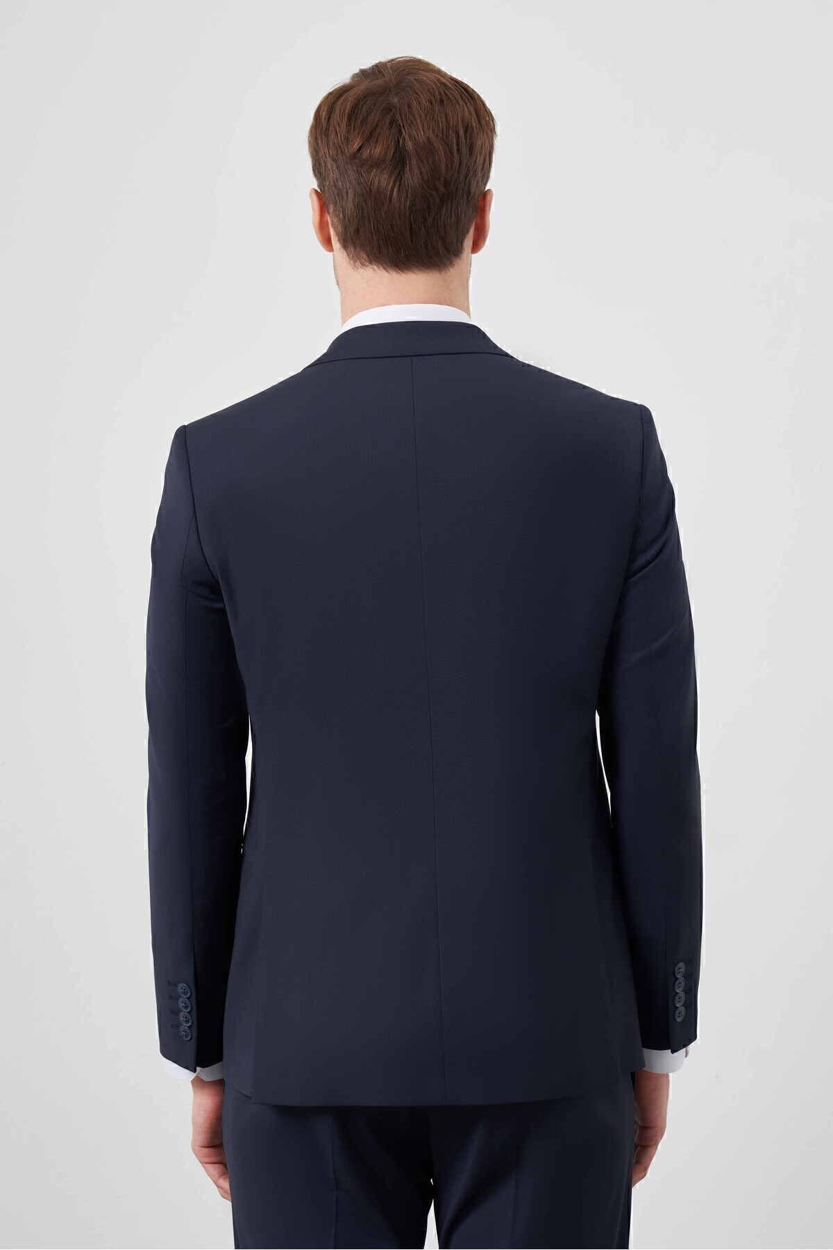 Morven  Erkek Lacivert Yünlü Platinium Düz Desen Slim Fit Sivri Yaka Takım Elbise - Görsel 5