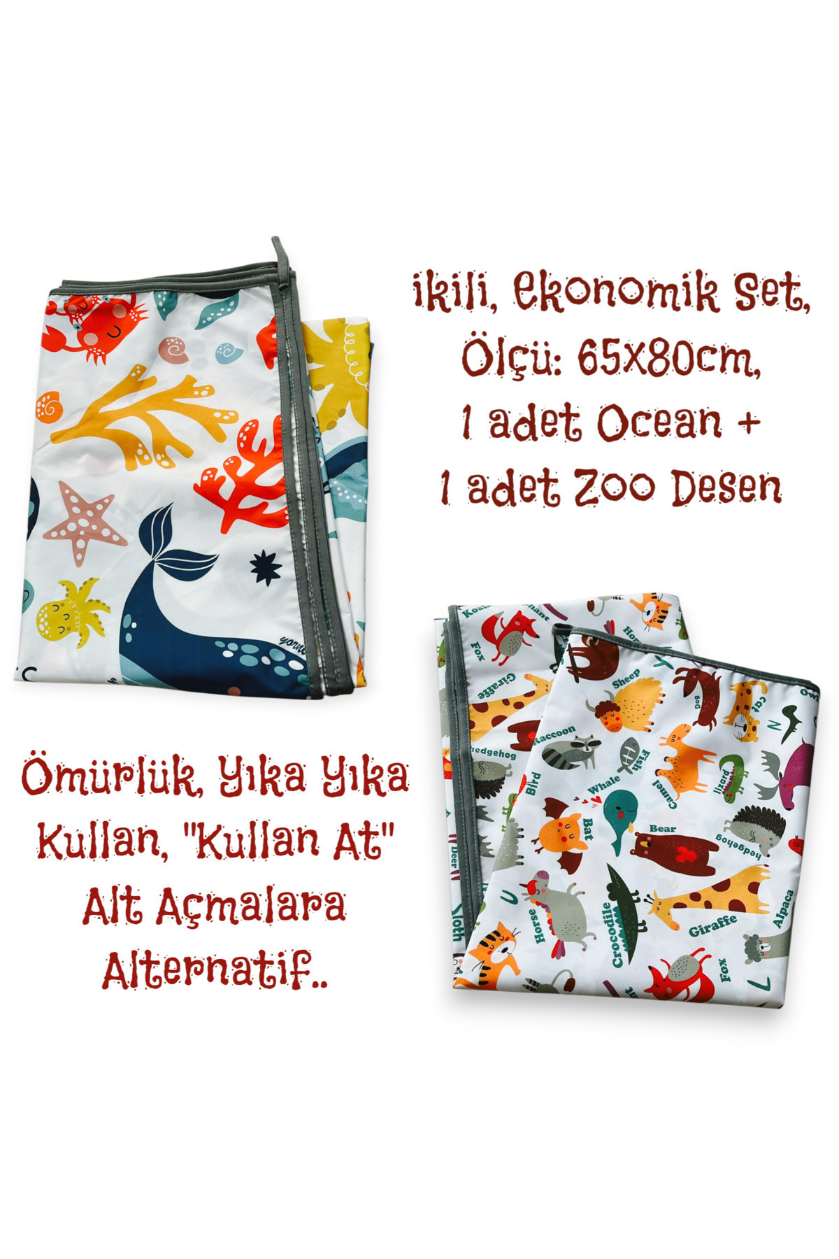 yorni İkili Ekonomik Set, Sıvı Geçirmez, 1 adet Ocean ve 1 adet Zoo Desen, Ebat: 65x80cm, Çok Amaçlı Örtü