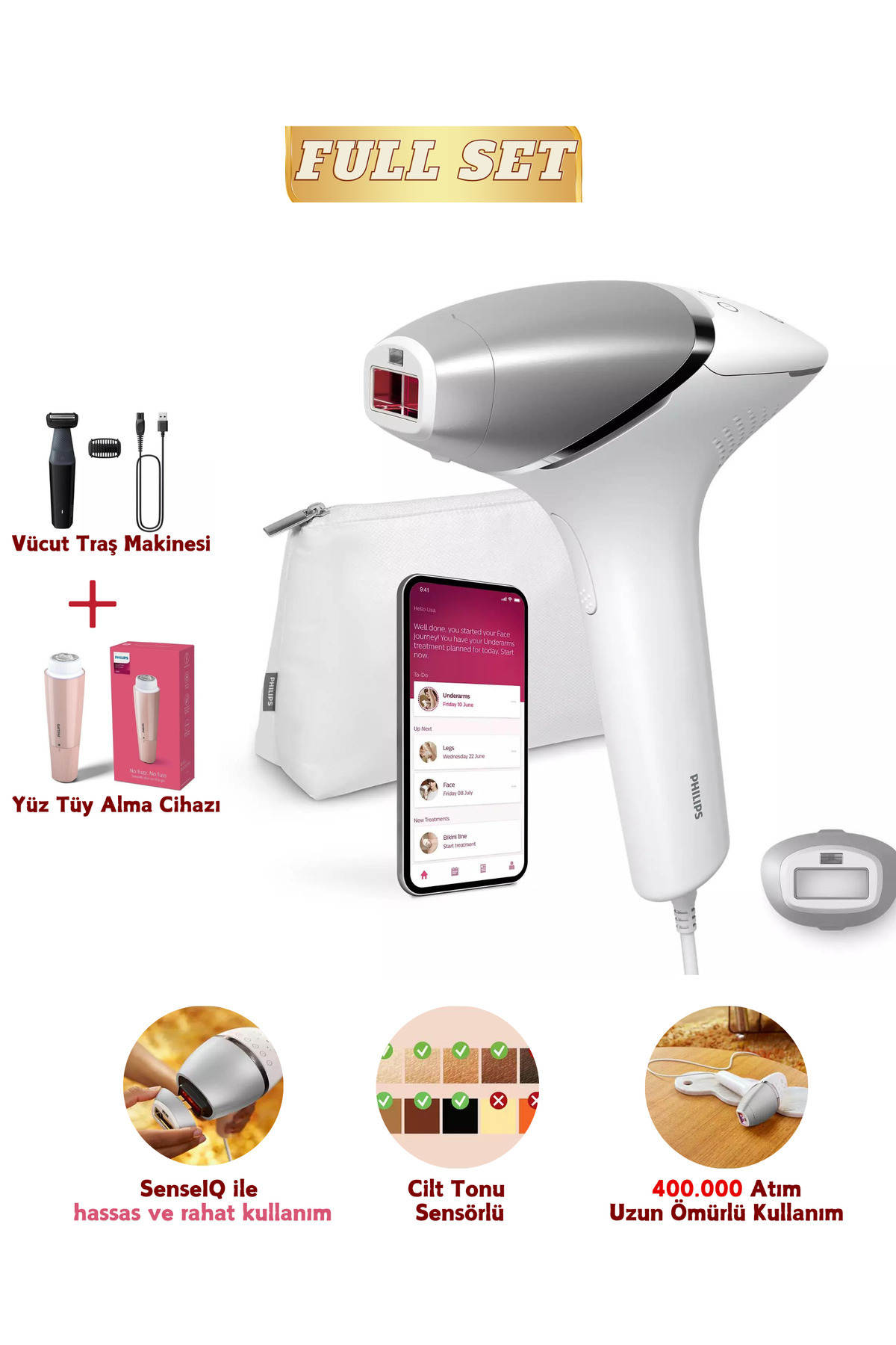 Philips 450.000 Atım Premium Ipl Lazer Epilasyon, Cilt Tonu Sensörlü, Tüy Alma & Traş Makinesi Full Set