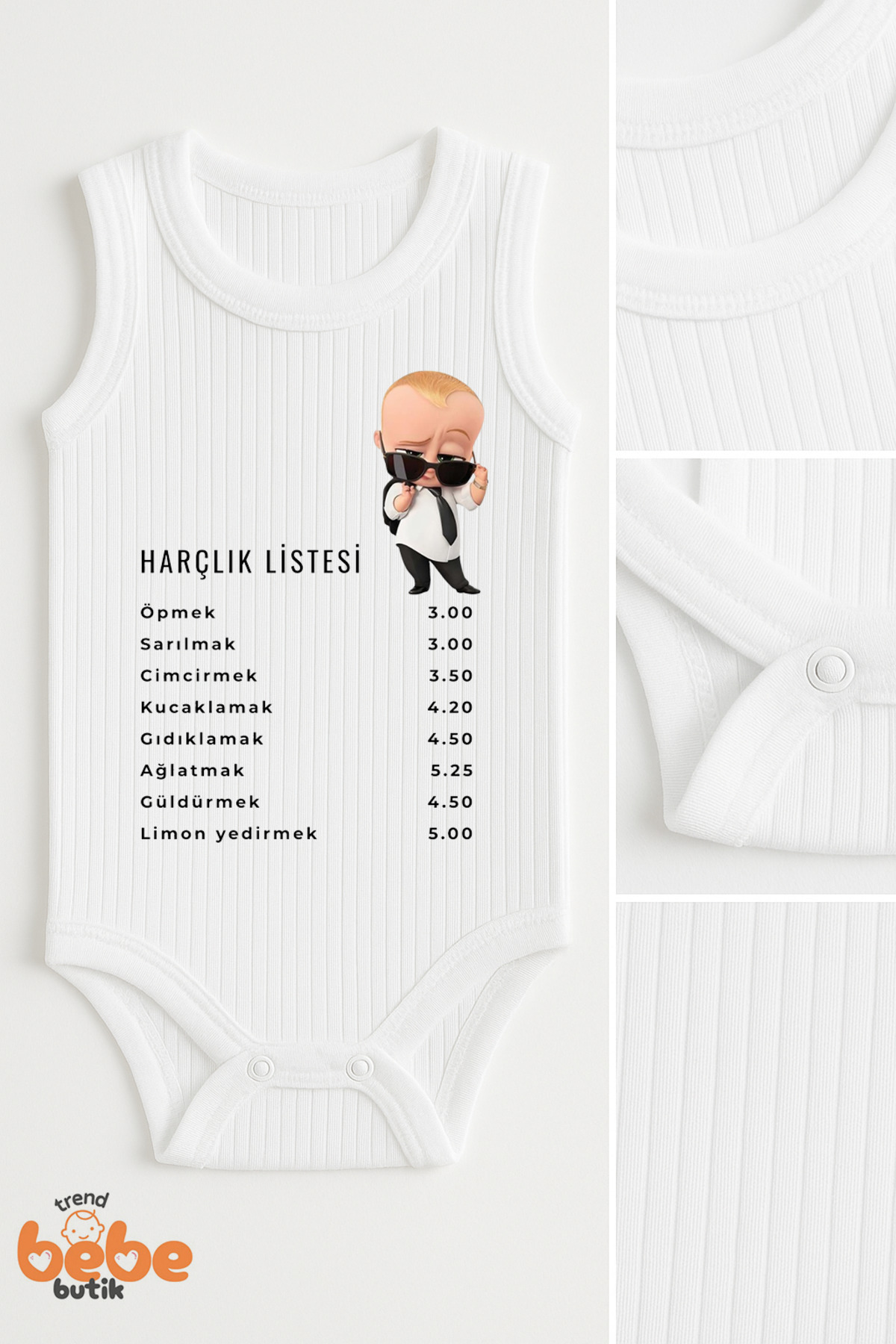 Trend Bebe Butik Harçlık Listesi Baskılı Ribana Çıtçıtlı Unisex Bebek Zıbın Body - Komik Yazılı Atlet Badi 6-36 Ay fotoğrafı 2 (önizleme)