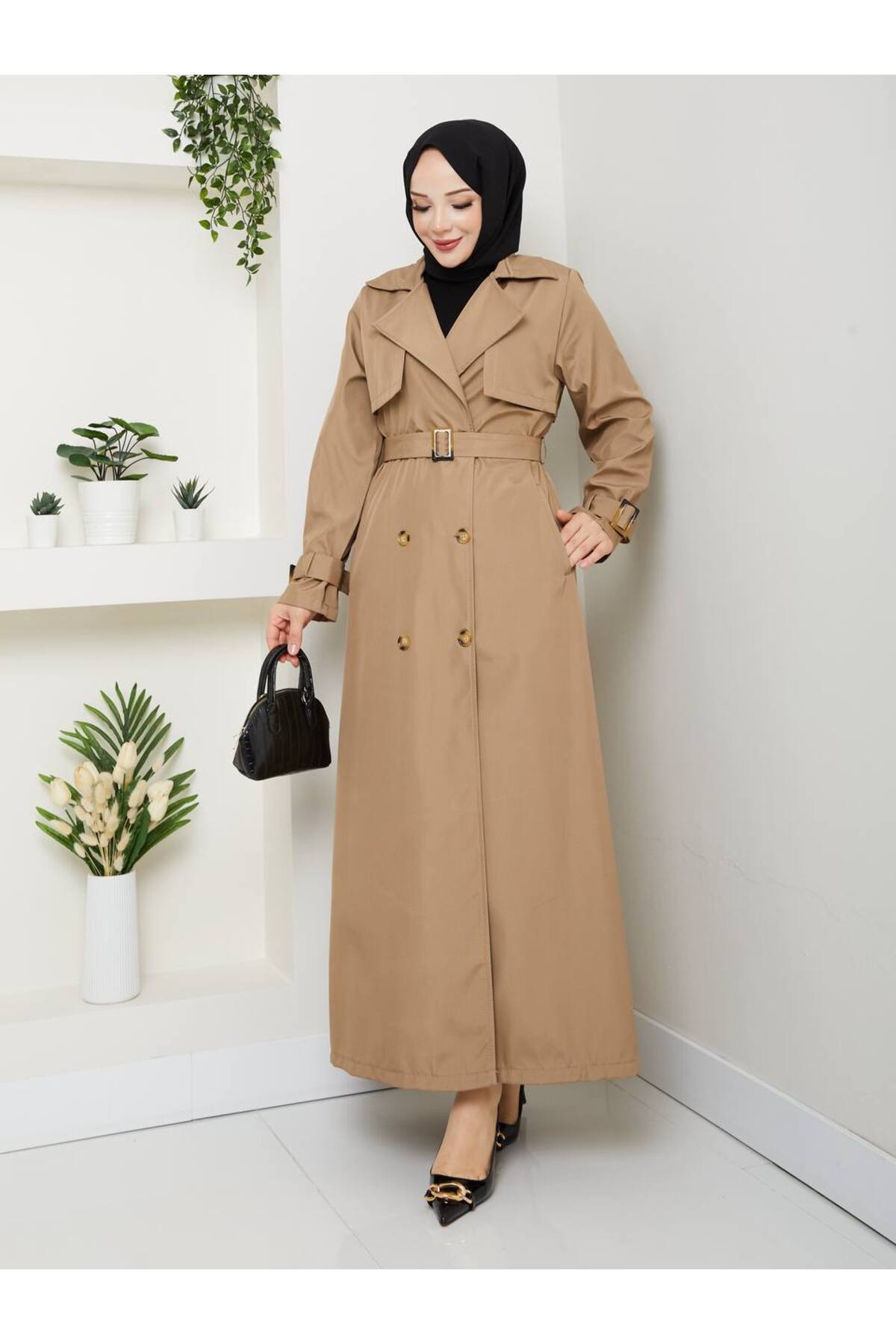 RACE FASHİON Tesettürlü Su Geçirmez Kruvaze Yaka Kemerli Tam Boy Trençkot RC1403056