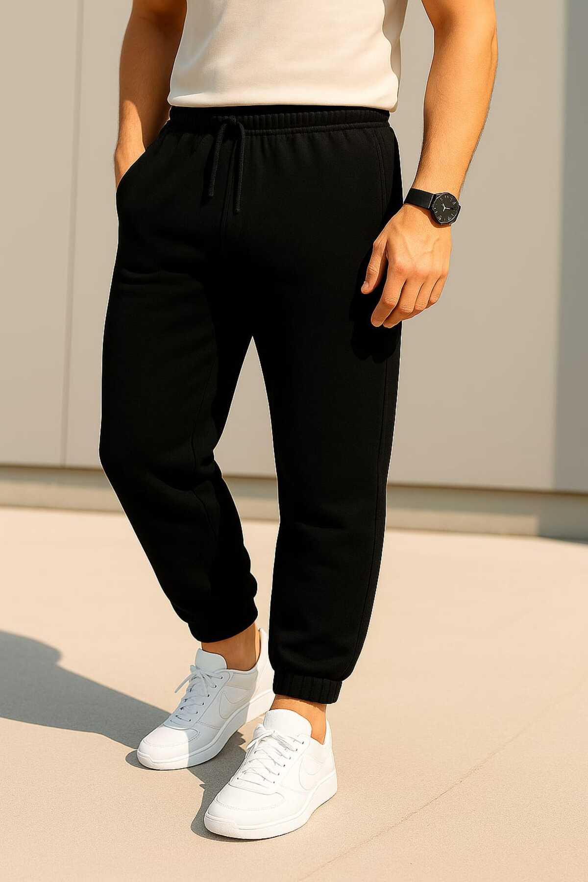 TREND ALİSSE Erkek Siyah Standart Fit Normal Kesim 2 Iplik Cepli Rahat Jogger Eşofman Altı
