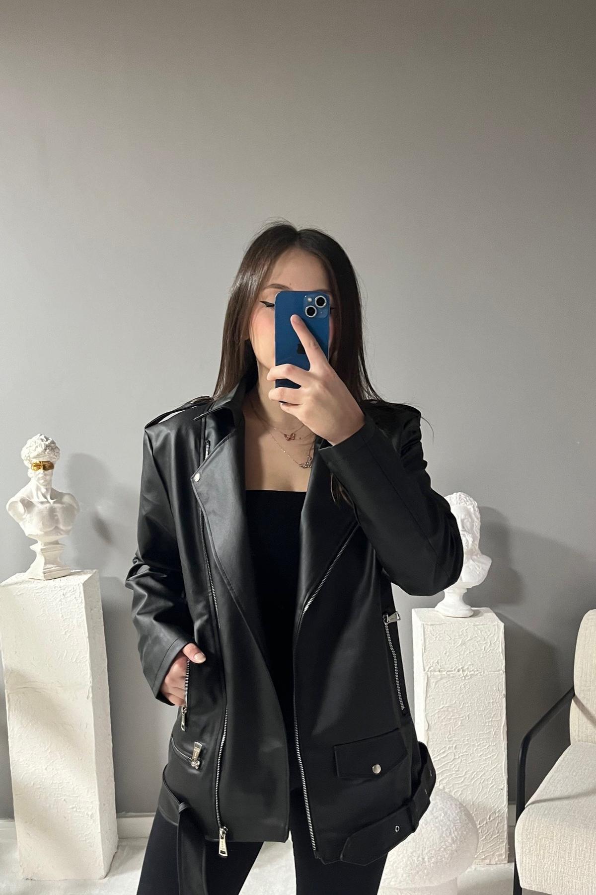 Jaglion  Elvera Oversize Uzun Kadın Siyah Deri Ceket - Görsel 6