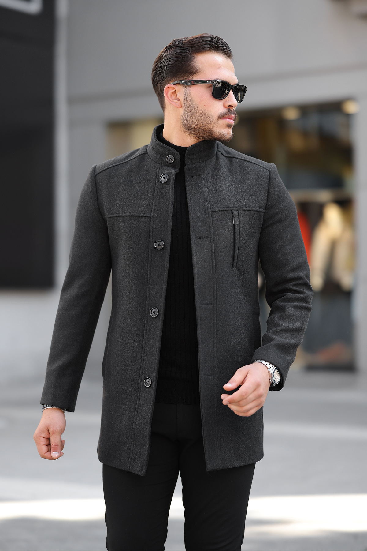 Jaglion  Erkek Rahat Kesim Rüzgar Geçirmez Düğmeli Uzun Füme Kaşe Kaban - Görsel 6