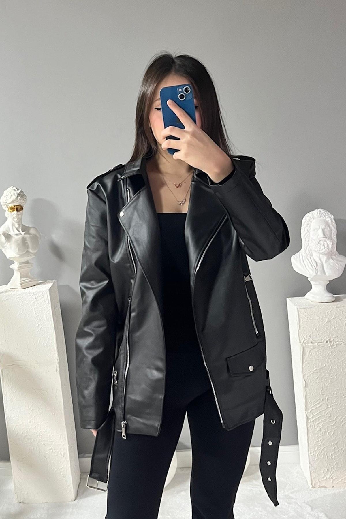 Jaglion  Elvera Oversize Uzun Kadın Siyah Deri Ceket - Görsel 7