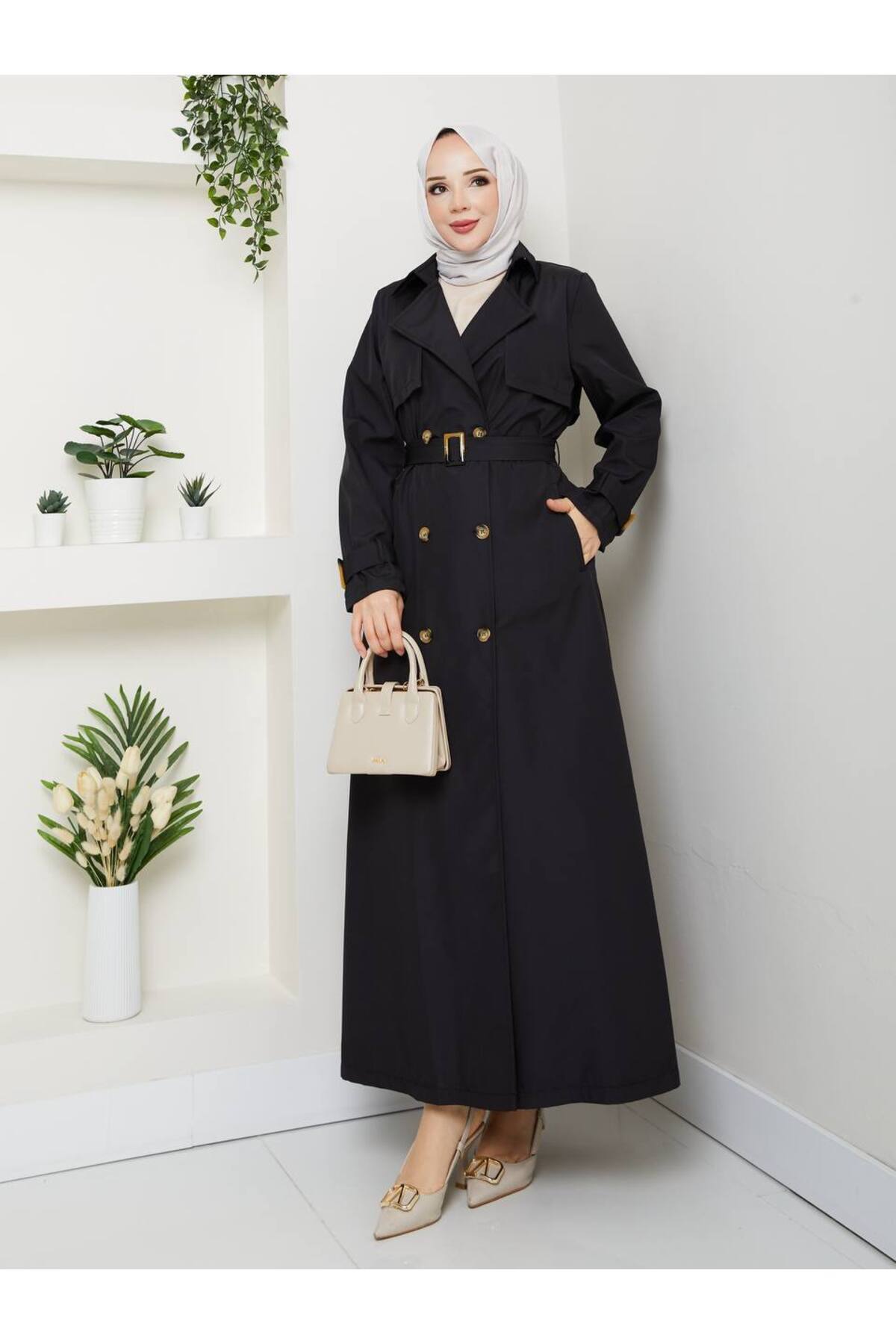 RACE FASHİON Tesettürlü Su Geçirmez Kruvaze Yaka Kemerli Tam Boy Trençkot RC1403056