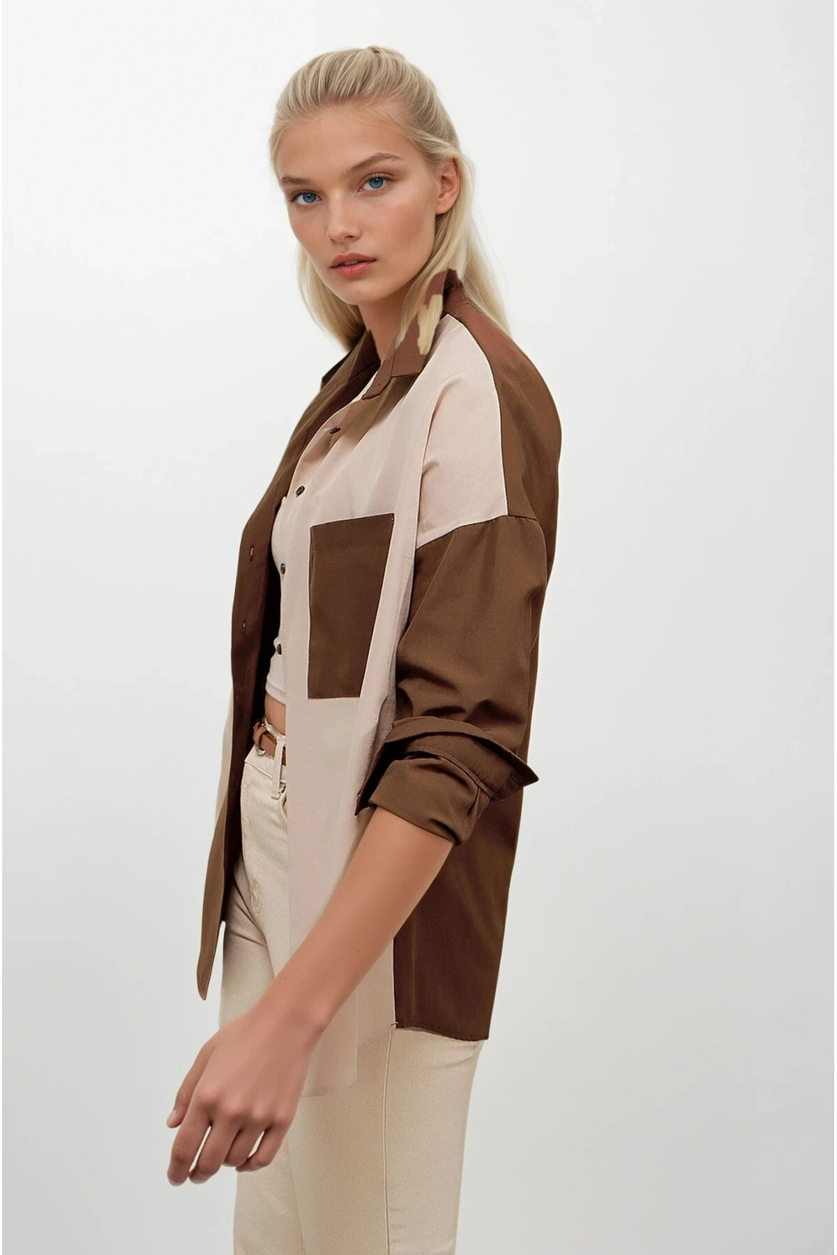 hazelin  Kadın Kahverengi Krem Renk Bloklu Poplin Basic Gömlek HZL22S-BD1201161 - Görsel 5