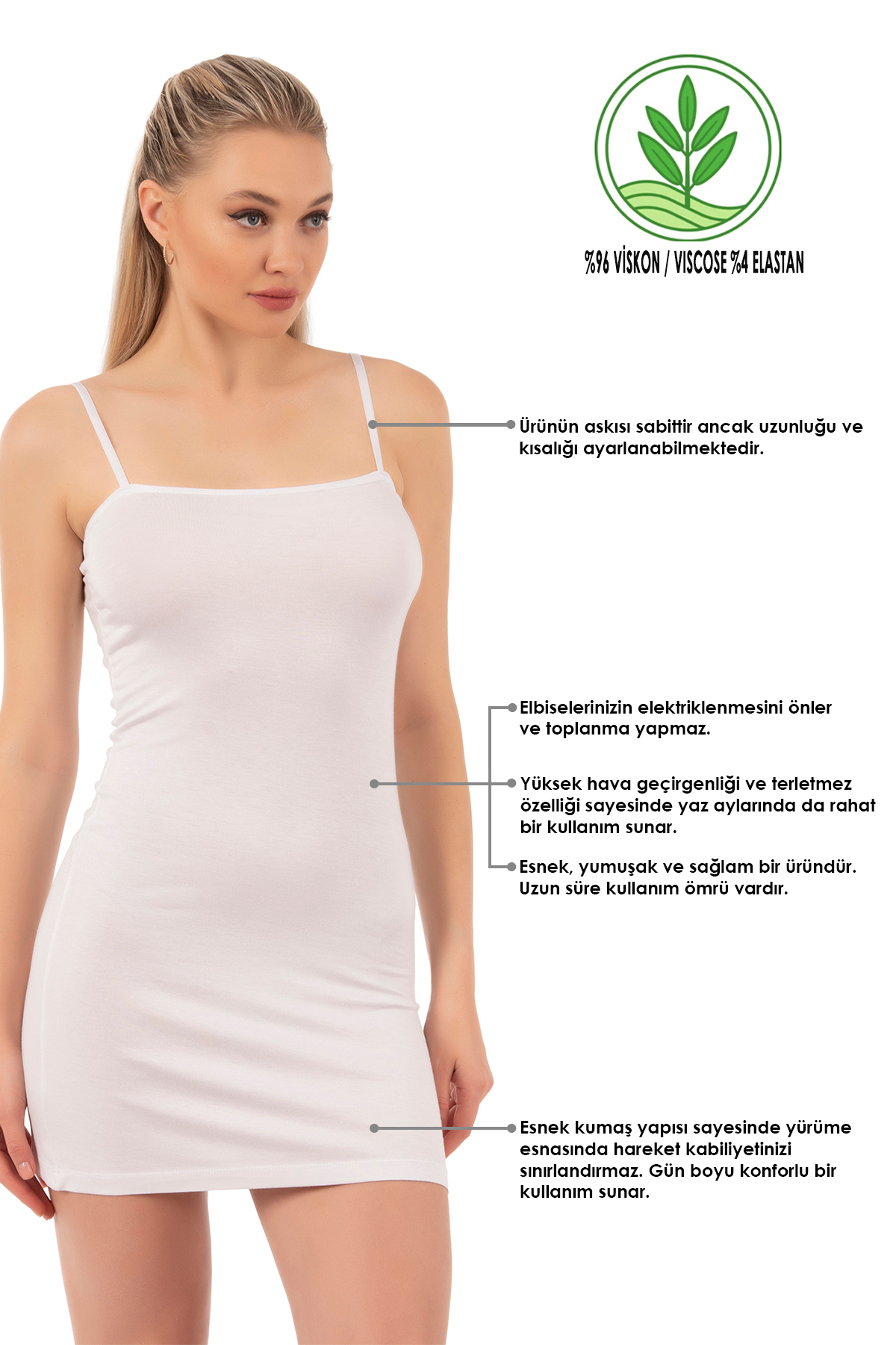 ÖZKAN underwear Özkan 7126 2'li Paket Kadın Viskon Kumaş Beyaz Ten Rahat Esnek Yumuşak Ayarlanabilir Askılı Kısa Diz görsel 2