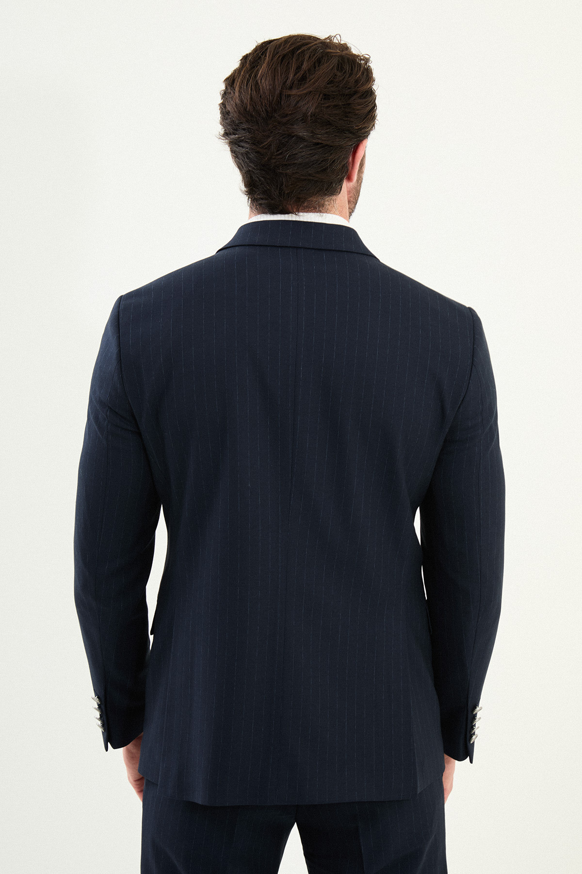 Mcr Çizgili Slim Fit Geniş Yaka Kruvaze Metal Düğmeli Erkek Takım Elbise Lacivert - 45408.25K görsel 5