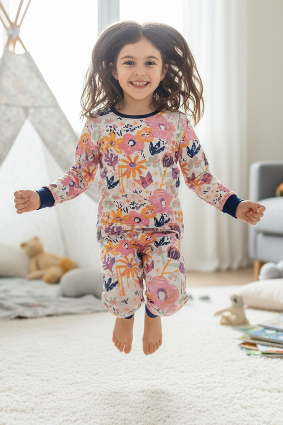MK Mukko Kids Çocuk Pijama Takımı - Kız Çocuk Çiçek Desenli Mevsimlik Terletmeyen Pijama Takımı fotoğrafı 2 (önizleme)