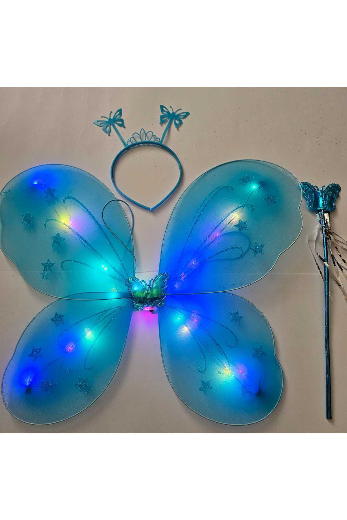 Beryka MAVİ LED Işıklı Kelebek Kanat Seti - Taç ve Değnekli - Kız Çocuk Kostümü