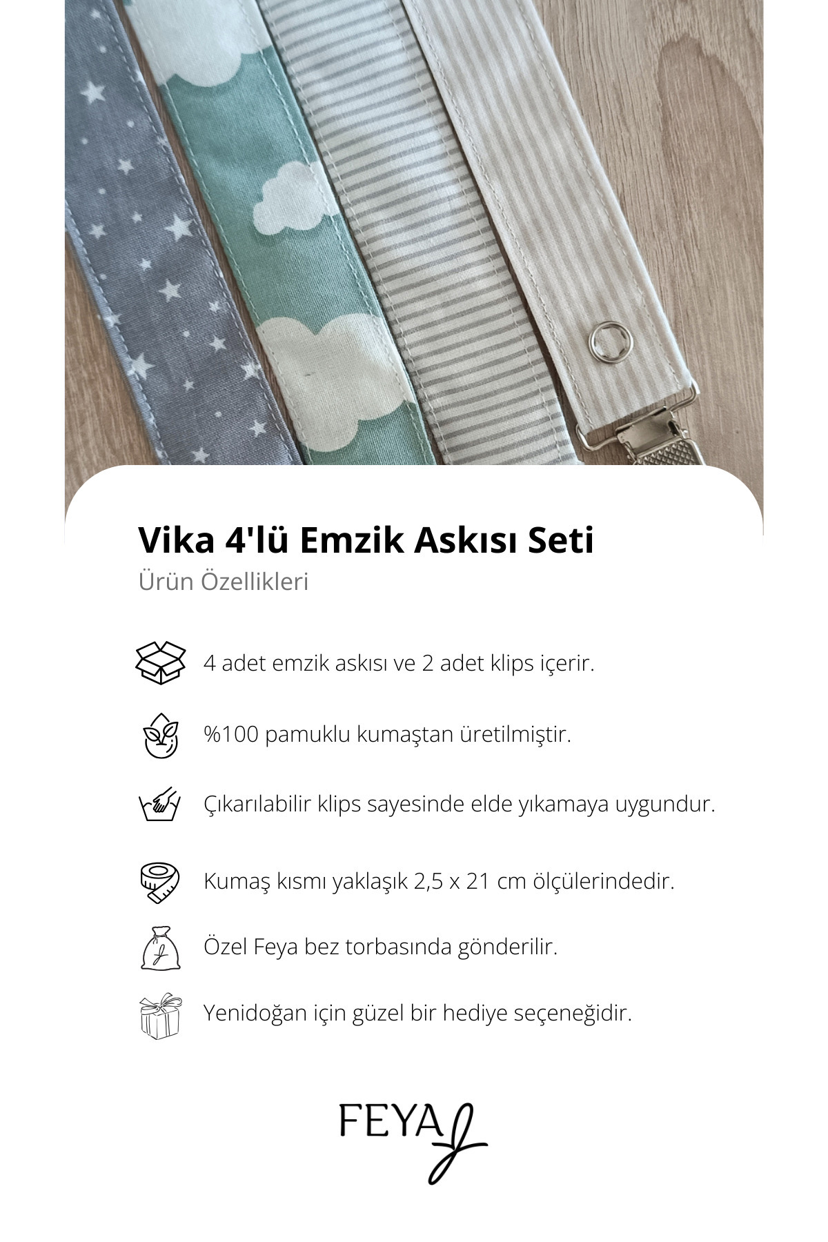 Feya Vika 4'lü Çizgili, Yıldız & Gökyüzü Desenli Pamuklu Yıkanabilir Emzik Askısı - Gri, Yeşil, Bej fotoğrafı 3 (önizleme)