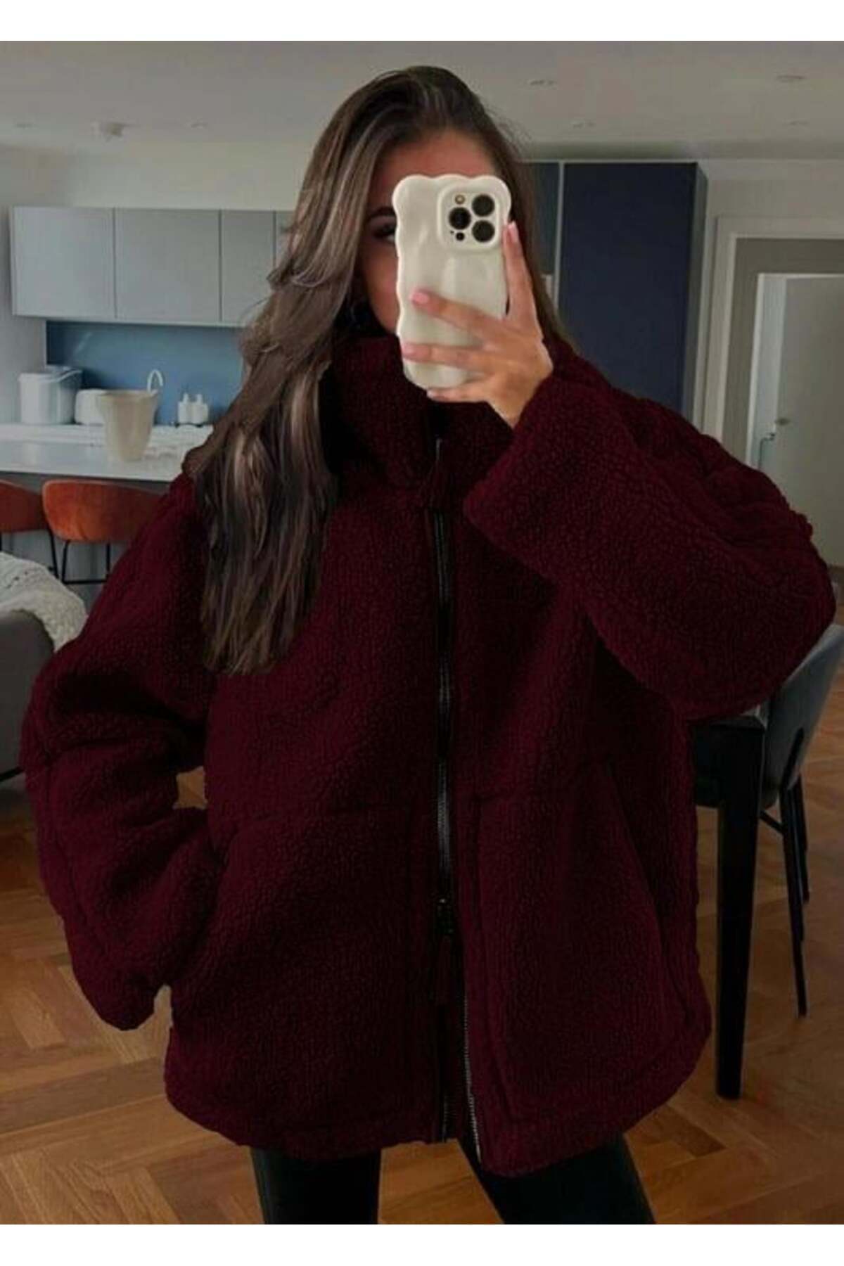 Madmext Bordo Dik Yakalı Cepli Peluş Mont MG1966 görsel 5