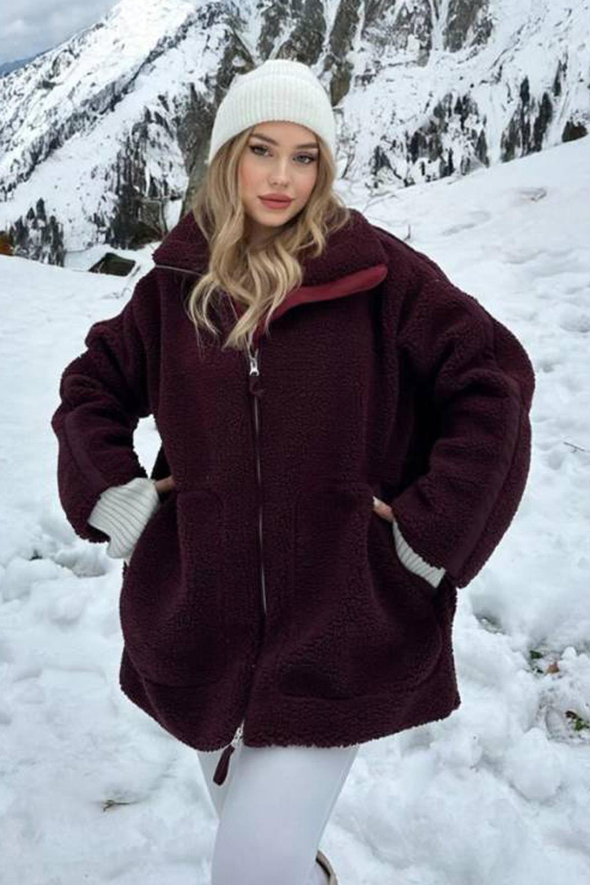 Madmext Bordo Dik Yakalı Cepli Peluş Mont MG1966 görsel 2