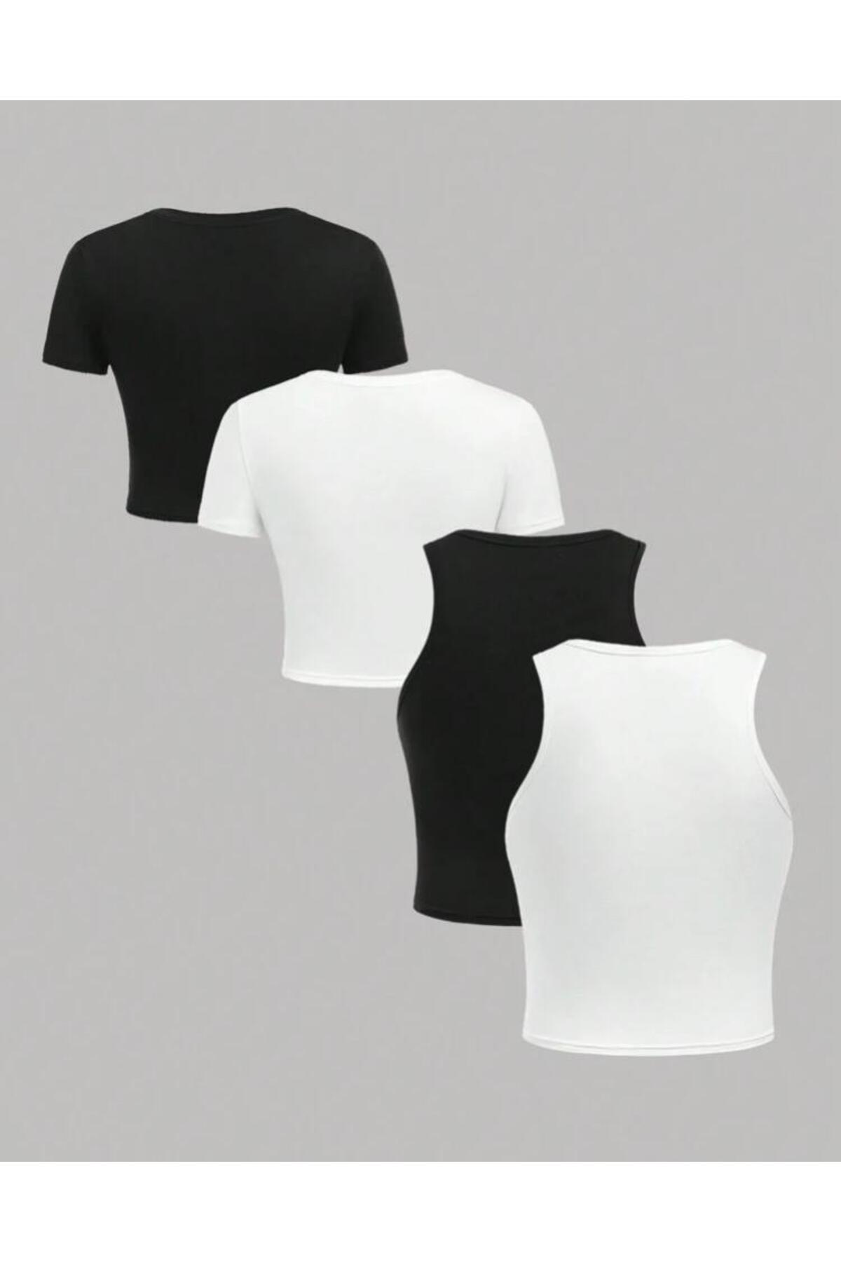 MİLYA&GYM  Kadın 4'lü paket vücudu saran pamuklu BİSİKLET YAKA T-SHİRT-ATLET set crop bluz - Görsel 2