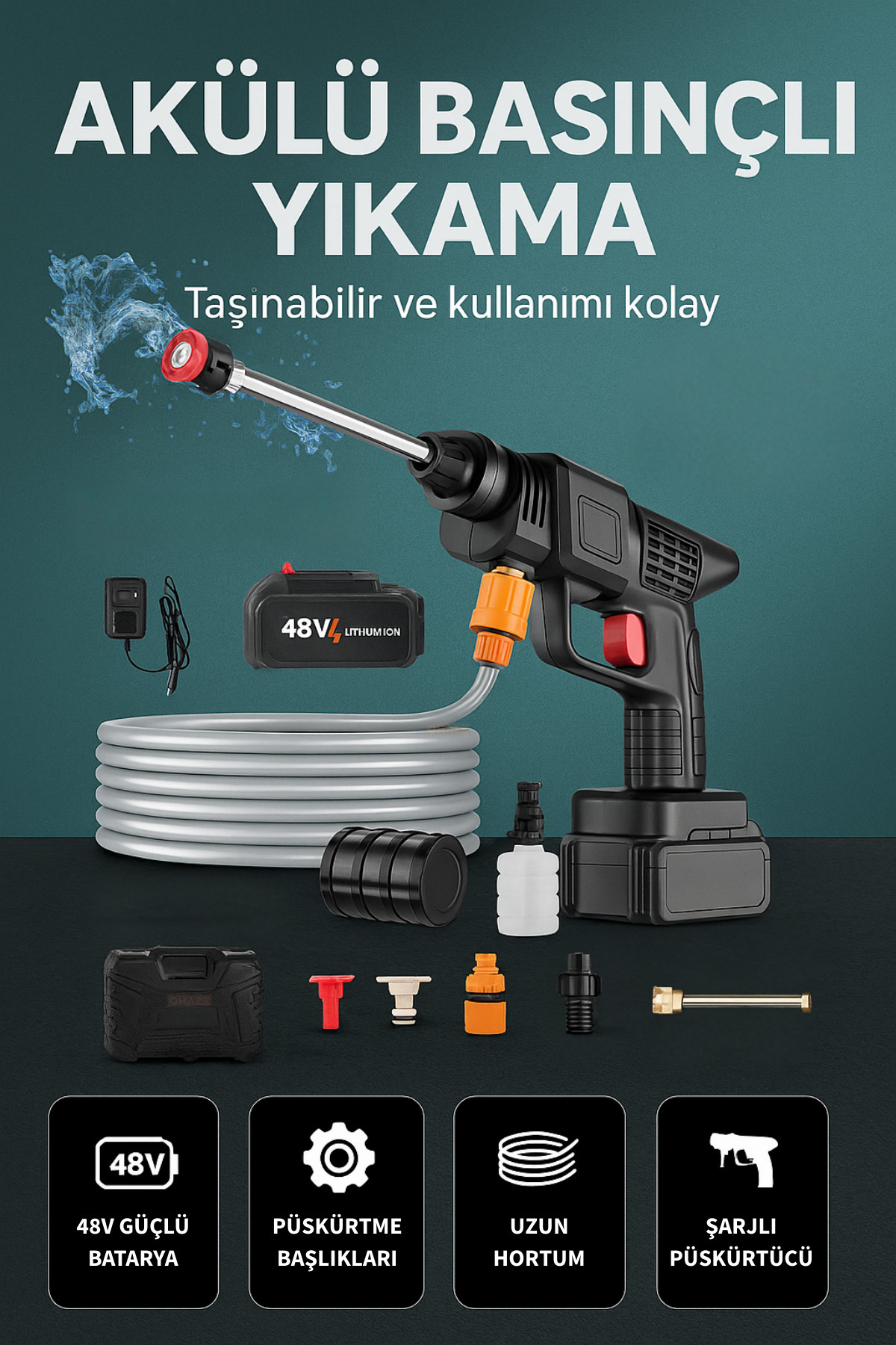 KETENOFFİCİAL Şarjlı Ve Basınçlı Oto Yıkama Ve Sulama Tabancası 48V Güçlü Batarya