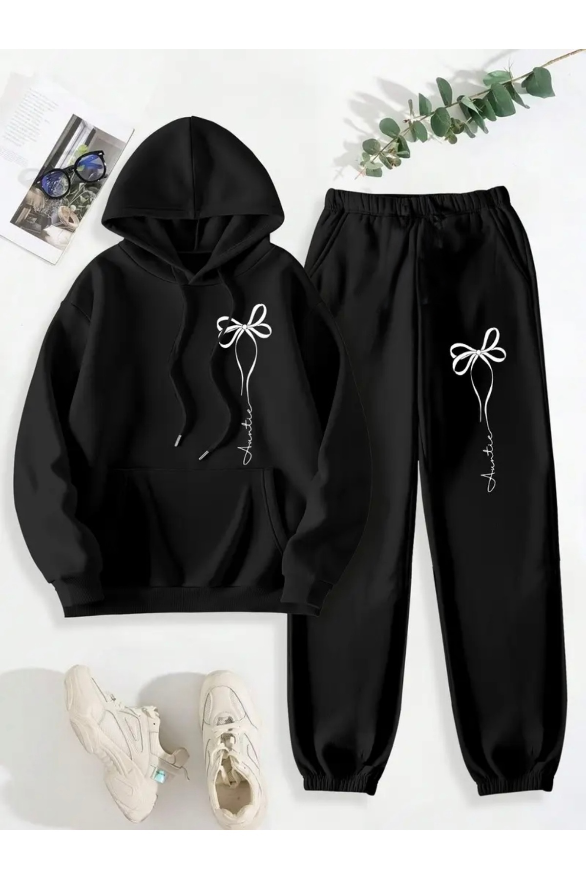 KURDELE BASKILI UNISEX KADIN/ERKEK KAPÜŞONLU OVERSİZE ALT/ÜST EŞOFMAN TAKIMI — مشکی KURDELEKT01