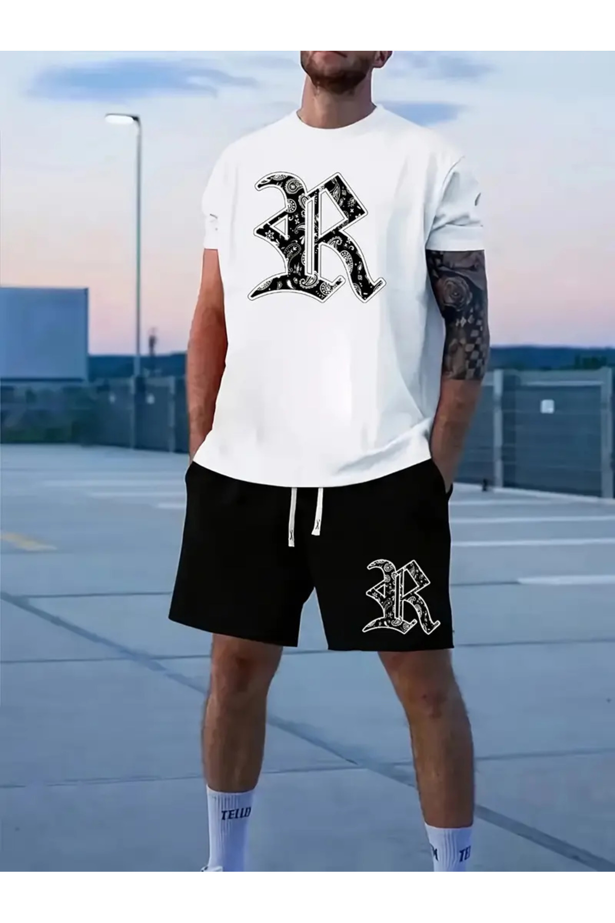 DİSCOST Erkek T-Shirt – Erkek Kısa Kollu Tişört ve Bağcıklı Şort Harf R Dijital Baskılı