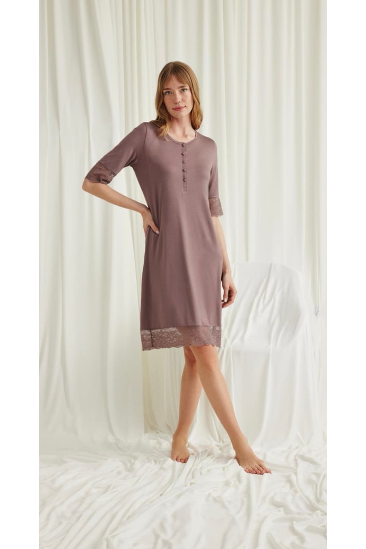 NightLove Monamise Dantel Detaylı Önü Düğmeli Gecelik 18606