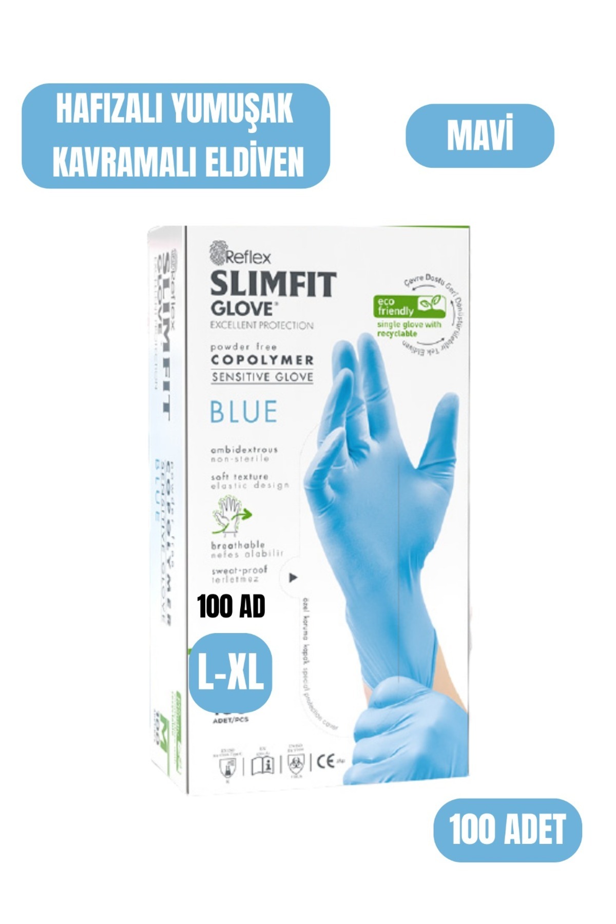 zankaplast ( 1 ADET ) Reflex Slim Fit Pudrasız Eldiven Mavi L-Xl Beden Yeni Nesil Teknoloji 100'lü Paket