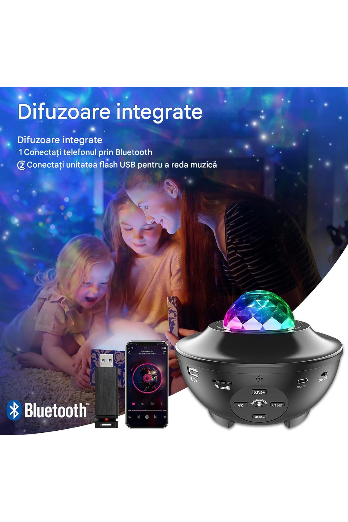 OEM-LED starry sky projector with rotating water waves, remote control, Bluetooth music player 6
