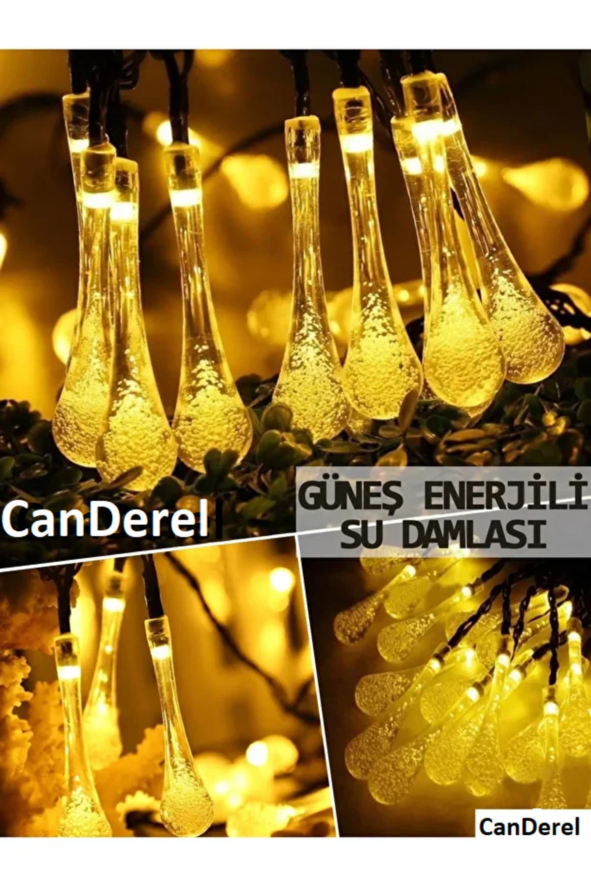 Canderel 50 Led 7 Metre Sarı Kristal Su Damlası Güneş Enerjili Led Işık Solar Bahçe Ağaç Lamba Aydınlatması