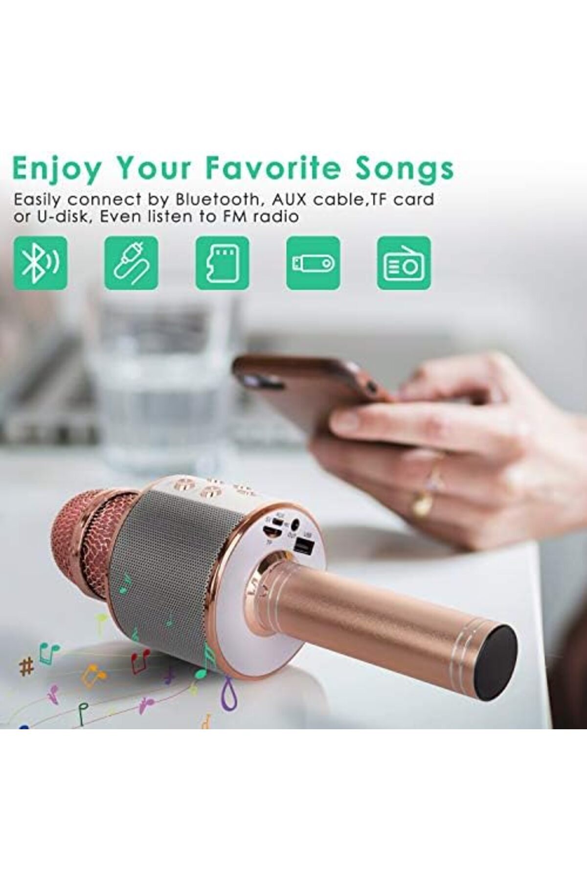 Generic-Portable 5-in-1 Wireless Bluetooth Microphone for Karaoke with Speaker and Recorder, Adjustable FM R 6