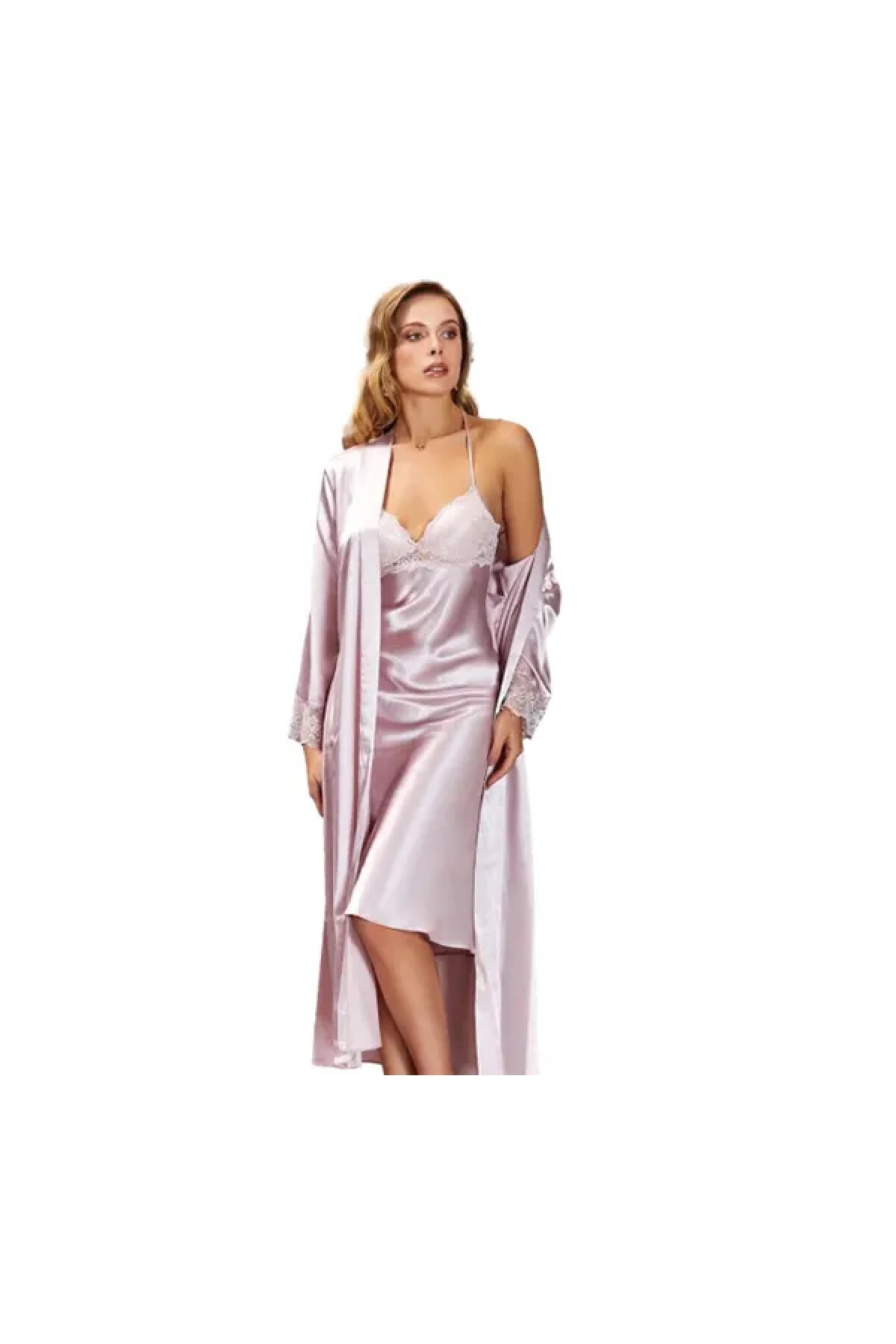 Ateksa Jeremi Saten Uzun İkili Gecelik Sabahlık Takımı Pudra 3157