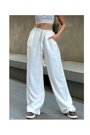 Shine Stone Müslin Keten Geniş Paça Pantolon