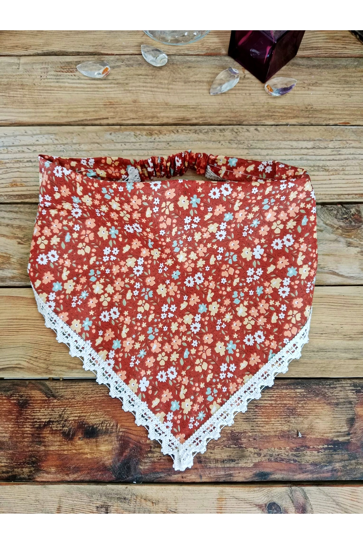 Tile Color-Floral Pattern - Lace Detail - Elastic Bandana