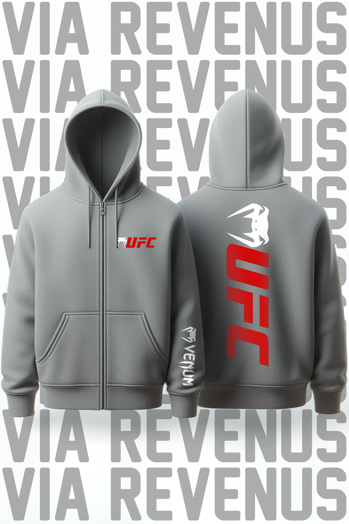 Ufc Ön Ve Arka Baskılı Unisex Fermuarlı Kapüşonlu Sweatshirt Hırka — خاکستری FK3108UFC
