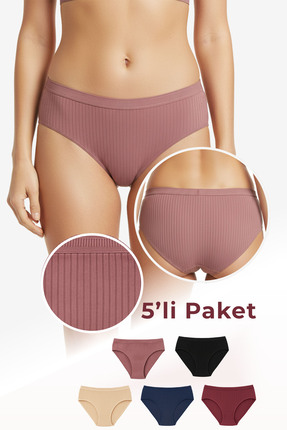 Hade Kadın %100 Pamuk 5'li Ribana Fitilli Bikini Külot Seti - Siyah, Lacivert...