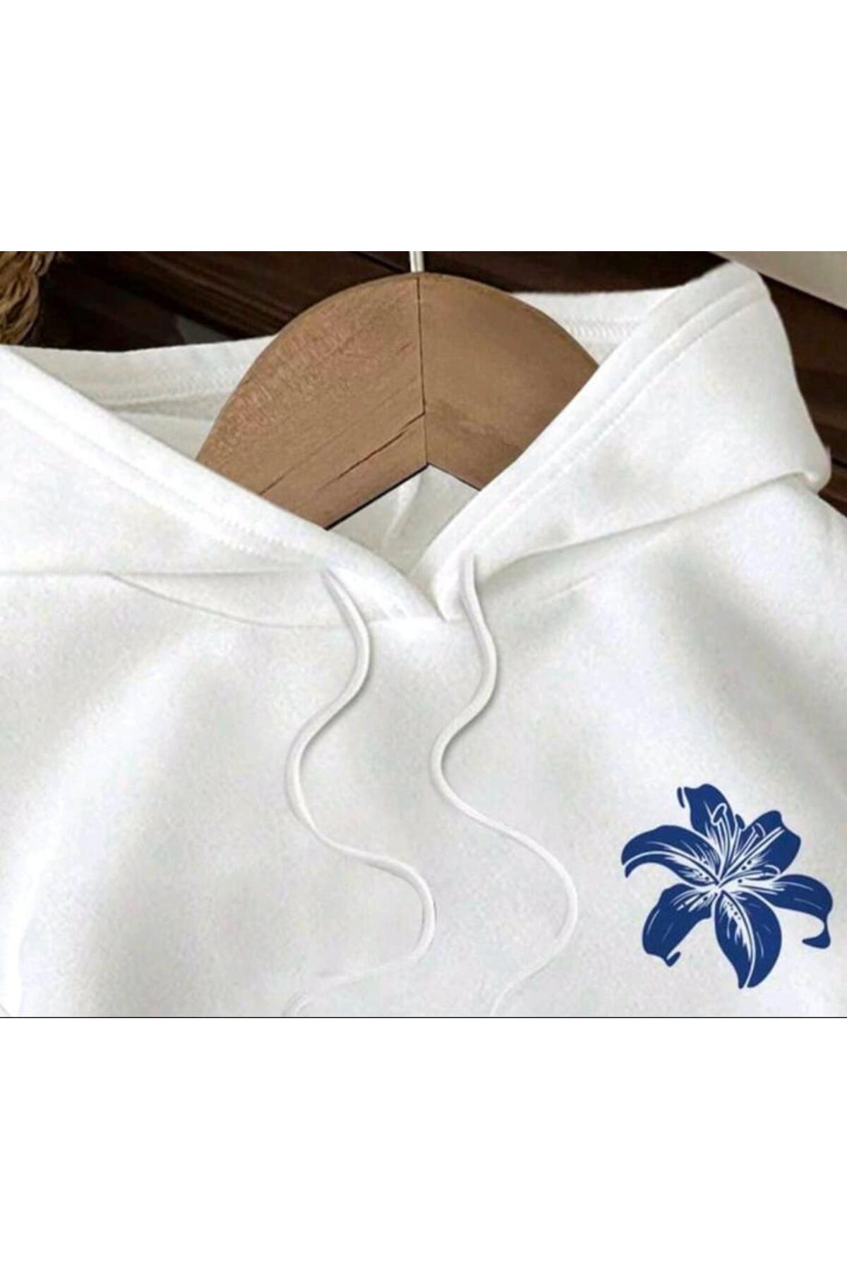 Elvino  Deniz Yıldızı ve Çiçek Baskılı Kadın Oversize Kapüşonlu 3iplik Beyaz Sweatshirt - Görsel 3