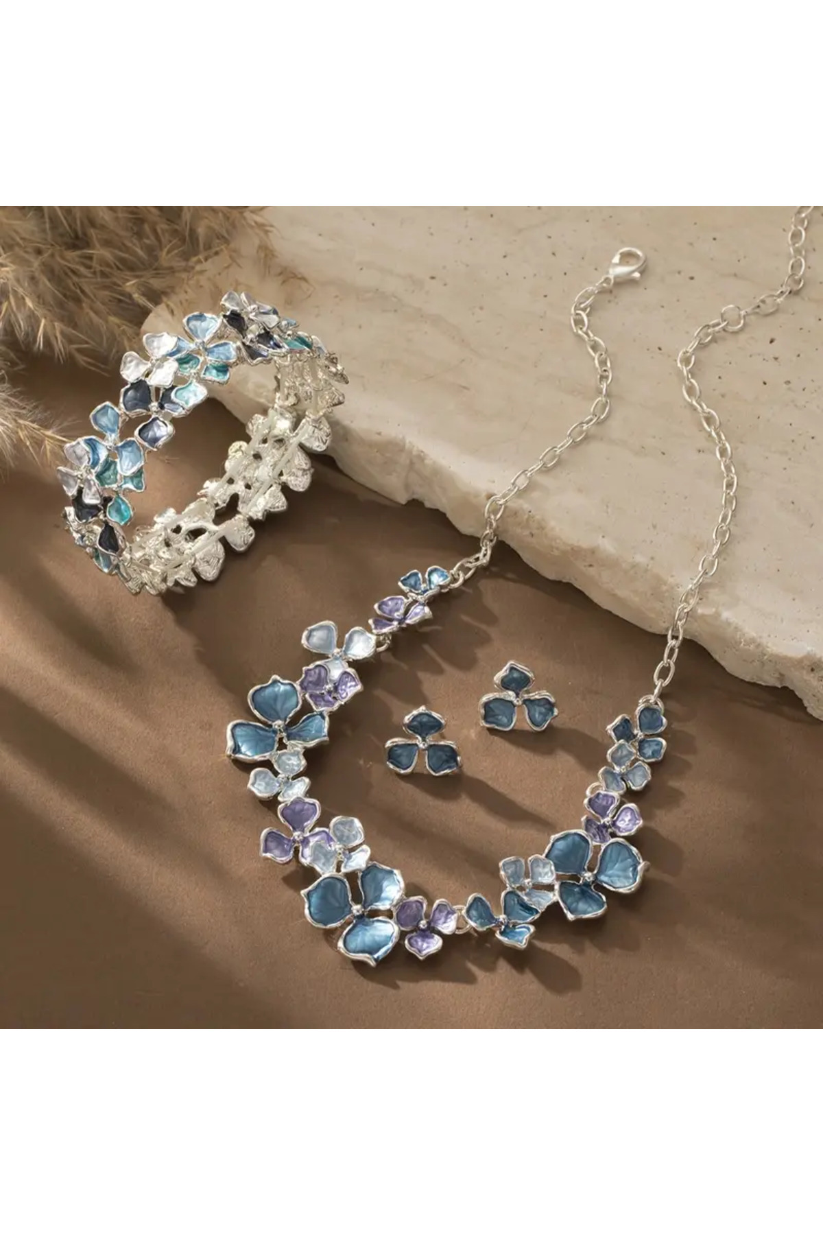 İnci Mercan Bujiteri Renkli Yağlı Boya Çeçiekli Mineli Takı Seti ( Bileklik - Kolye - Küpe)