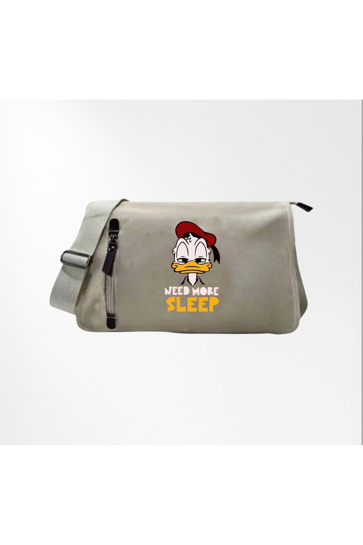 DEEFWEAR Bej Sevimli Ördek Need More Sleep Baskılı Unisex Okul , Kurs , Dershane Postacı Çantası