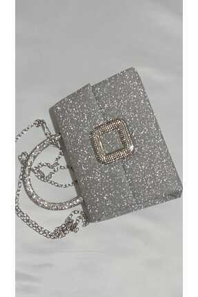 Şarra Gossi Simli Çanta Gümüş Gece Çantası Simli Abiye Çanta Düğün Davet Toka...
