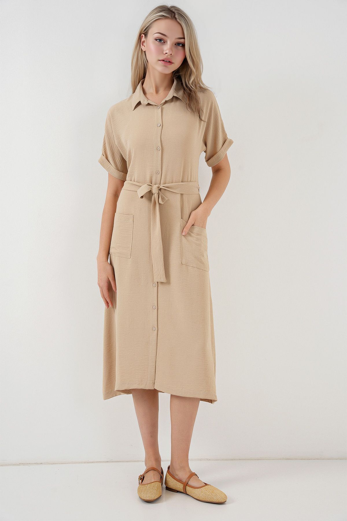 Hiccup-Bdart Textured Midi Dress with Buttoned Collar and Pockets 2
