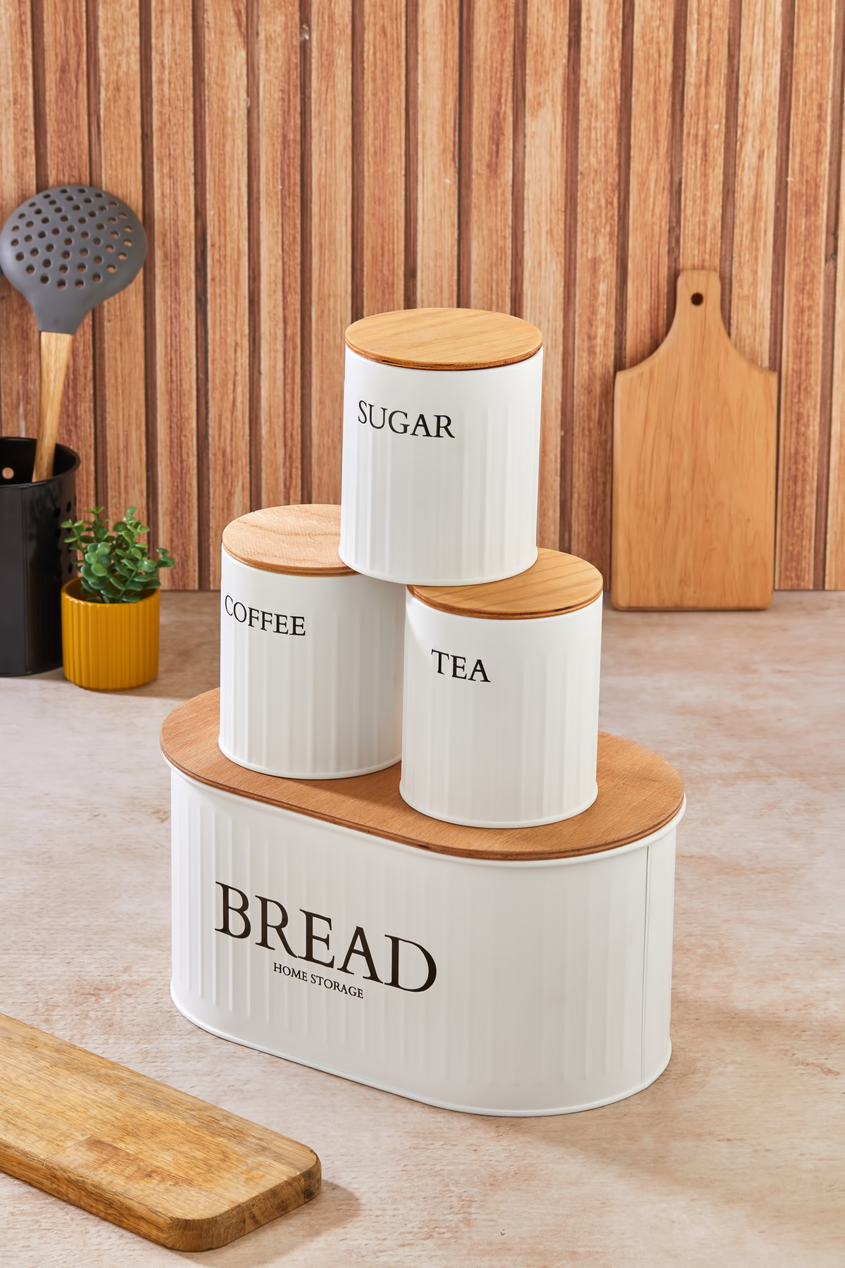 hemlife Ahşap Kapaklı Ekmek Sepeti Kutusu ve 3'lü Kavanoz Set Çay Kahve Şeker Saklama Kabı Seti