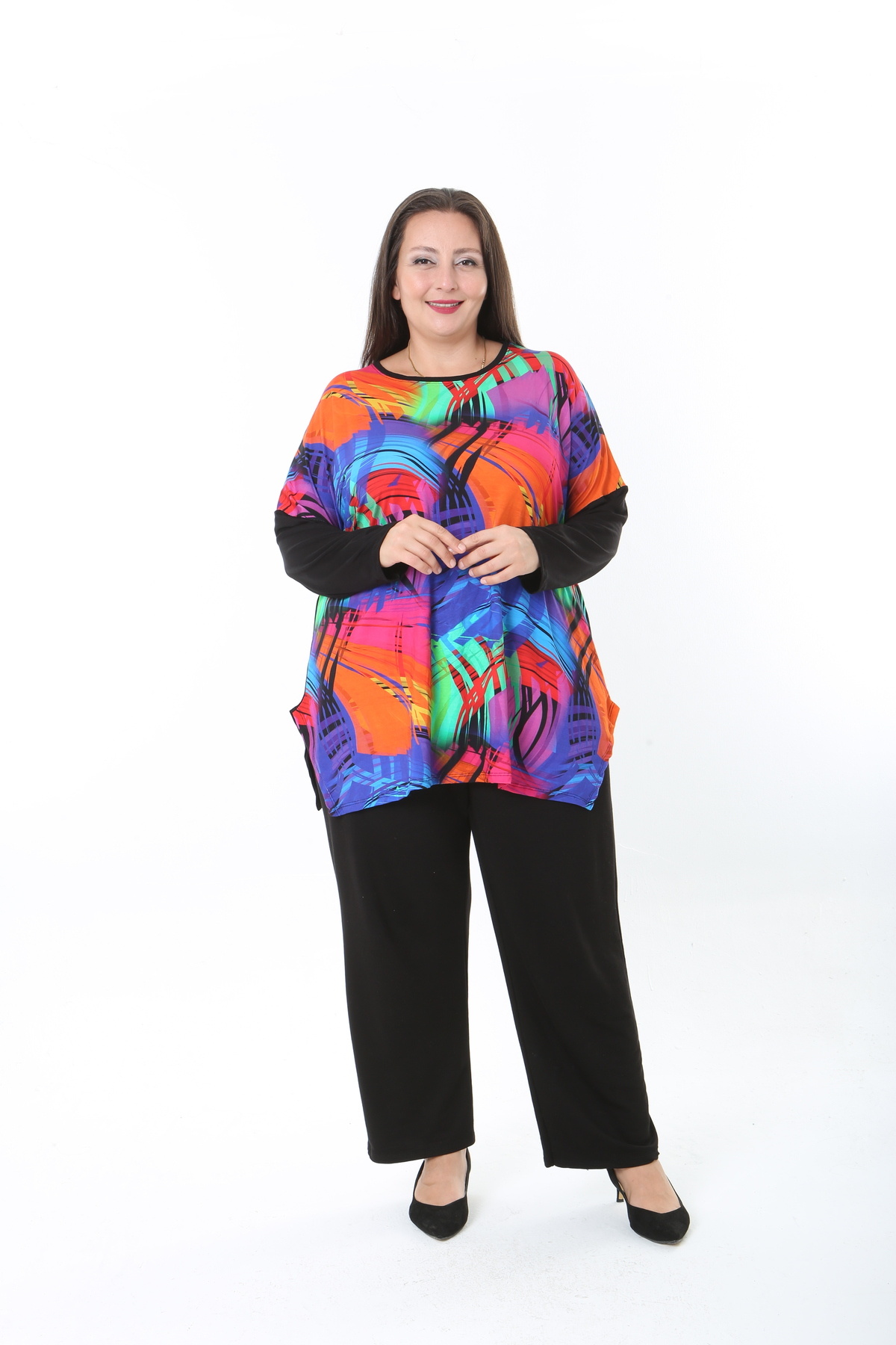 XL Modam KADIN LİKRALI YÜNLÜ VİSKON ÖN DESENLİ BÜYÜK BEDEN TUNİK