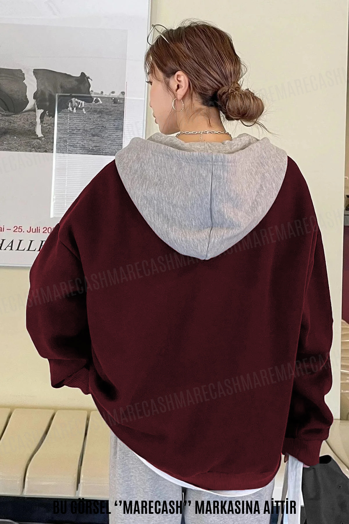 MARECASH  Unisex Bordo Gri Kapüşonlu Oversize Hırka Zip 2 Iplik Orta Kalınlık - Görsel 3