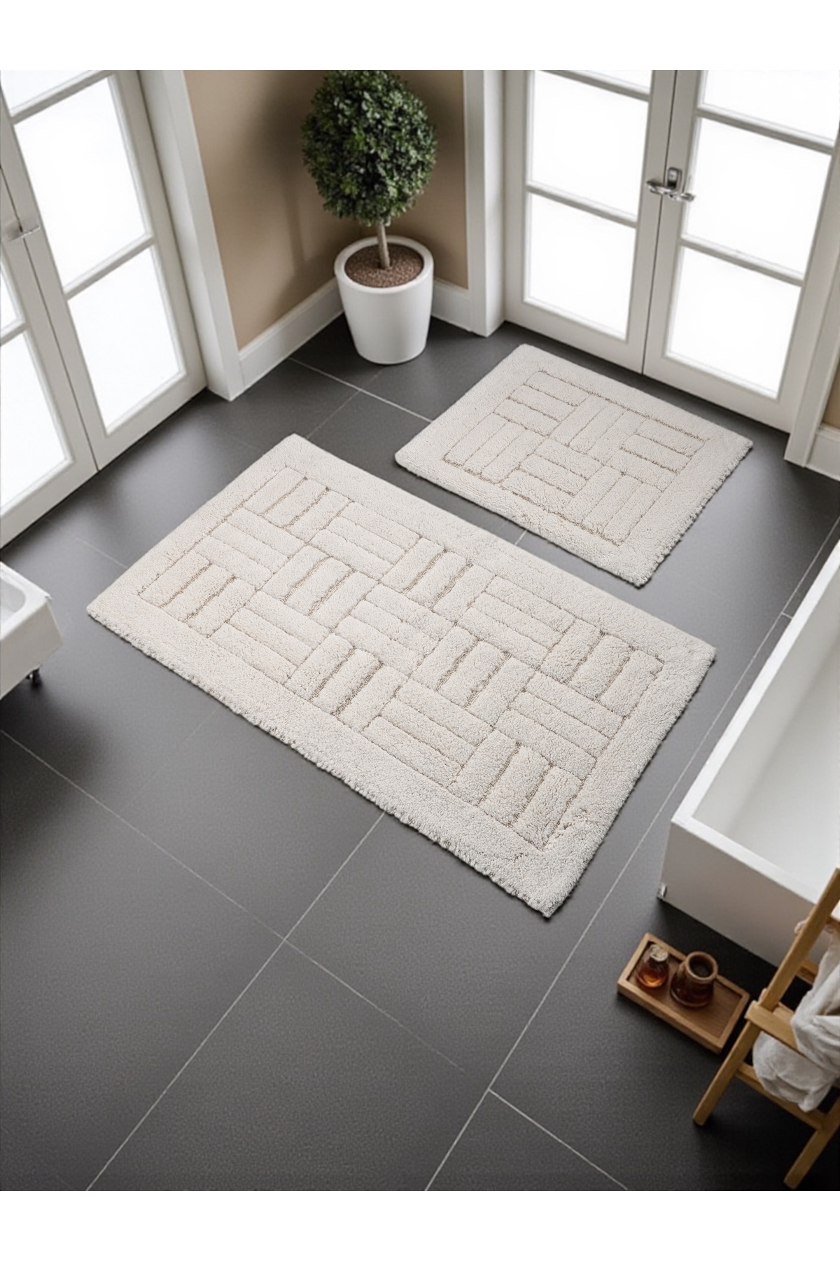 Cyraa Cotton Bath Mat Set (60x100) (50x60)white+ -