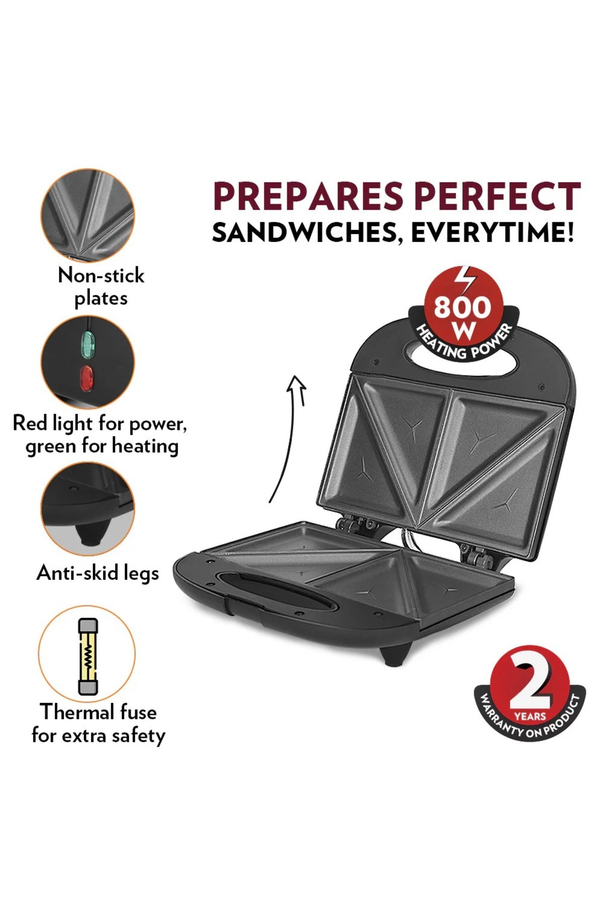 Borosil-Sandwich Maker 800W | 2-Sandwich Capacity | Non-Stick Plates, Automatic Temperature Control 5