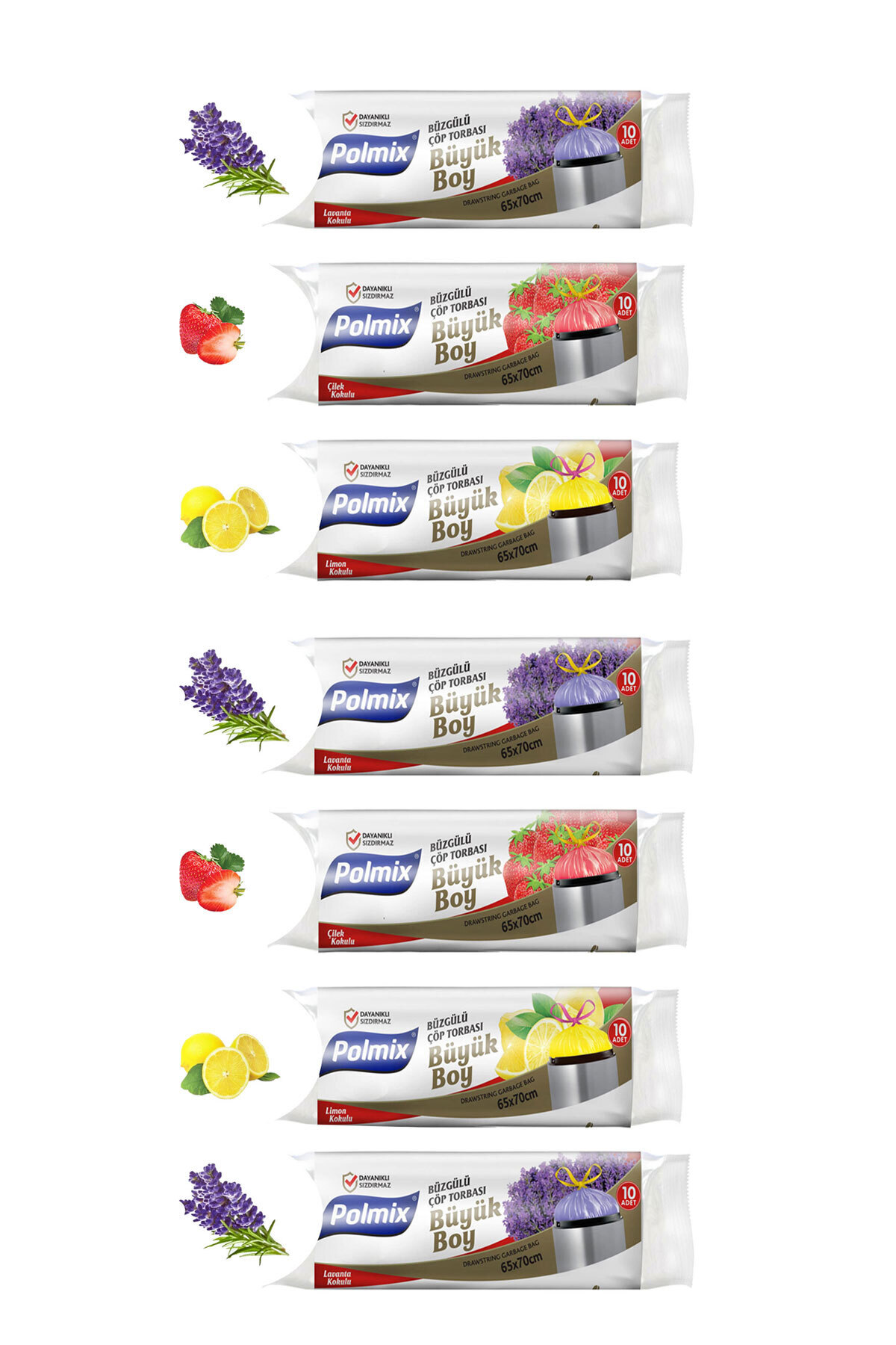 Polmix ( 7 PAKET )Orta Boy Lavanta-Çilek-Lavanta Kokulu Büzgülü Büyük Boy Çöp Poşeti 70 Adet
