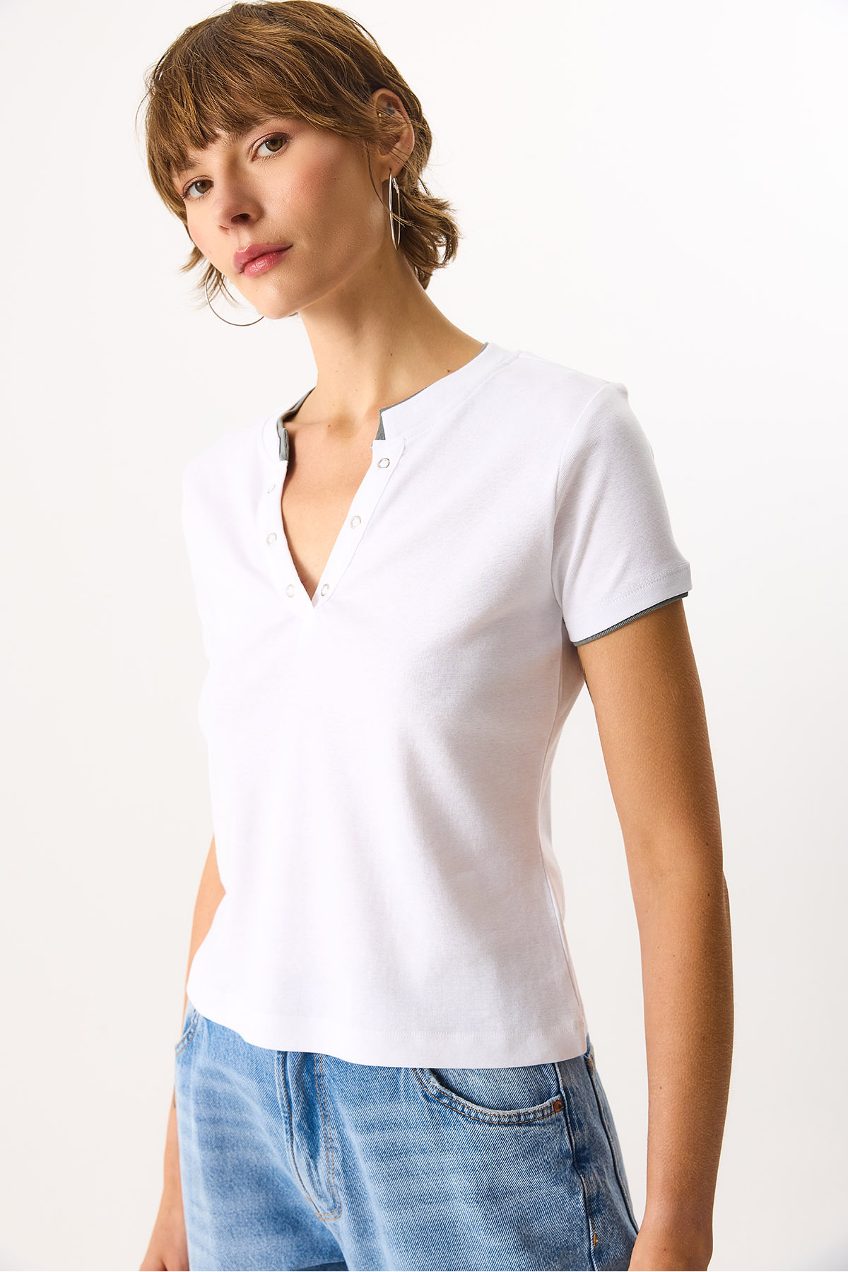 VENA  Yakası Çıt Çıtlı Ribana %100 Pamuk Tişört - BEYAZ - Görsel 7
