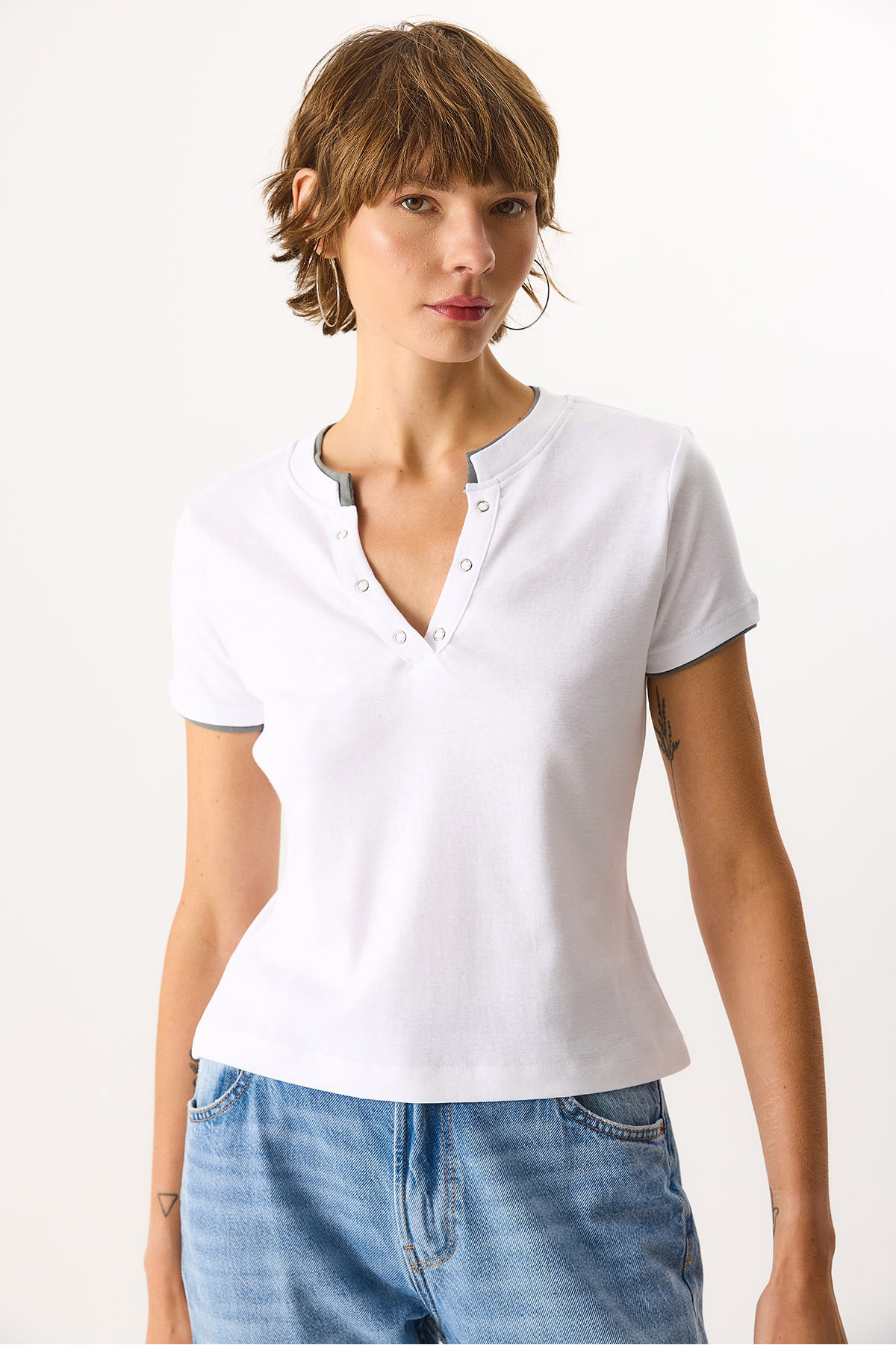 VENA  Yakası Çıt Çıtlı Ribana %100 Pamuk Tişört - BEYAZ - Görsel 6