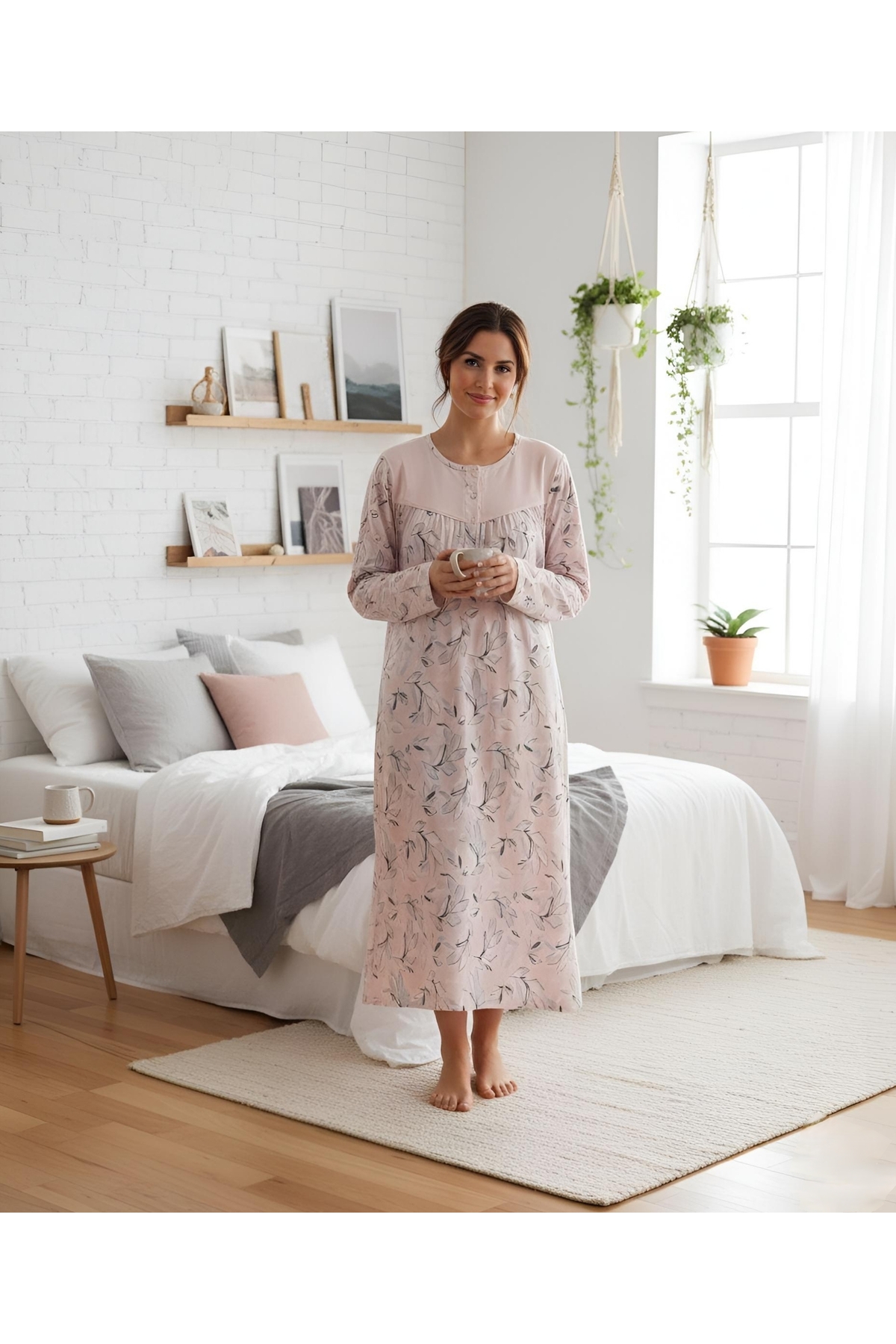 Nena %100 Pamuk Uzun Kol Robalı Gecelik-12899