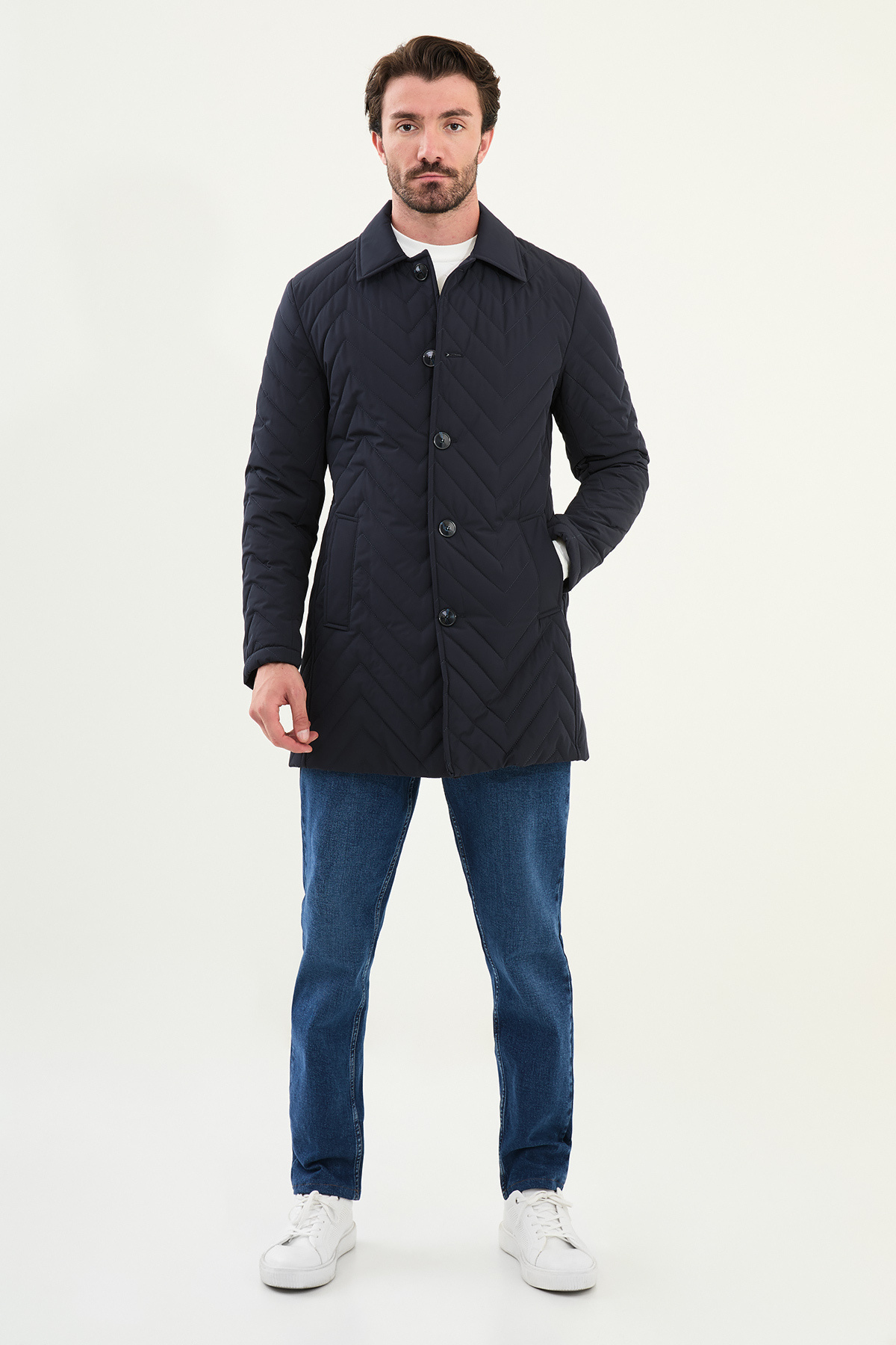 Desenli Slim Fit Gömlek Yaka Erkek Trench Coat Lacivert - 21320.25K — رنگارنگ — تصویر 3 از 6