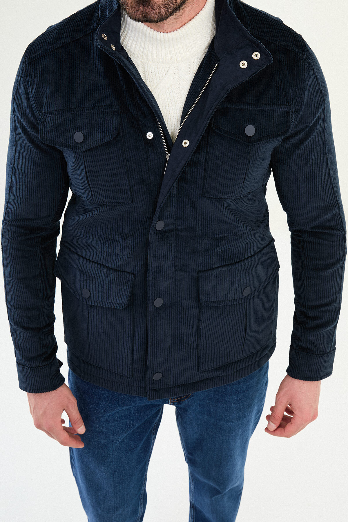 Çizgili Slim Fit Torba Cep Hakim Yaka Kadife Erkek Trenchcoat Lacivert - 21327.25K — رنگارنگ — تصویر 2 از 6