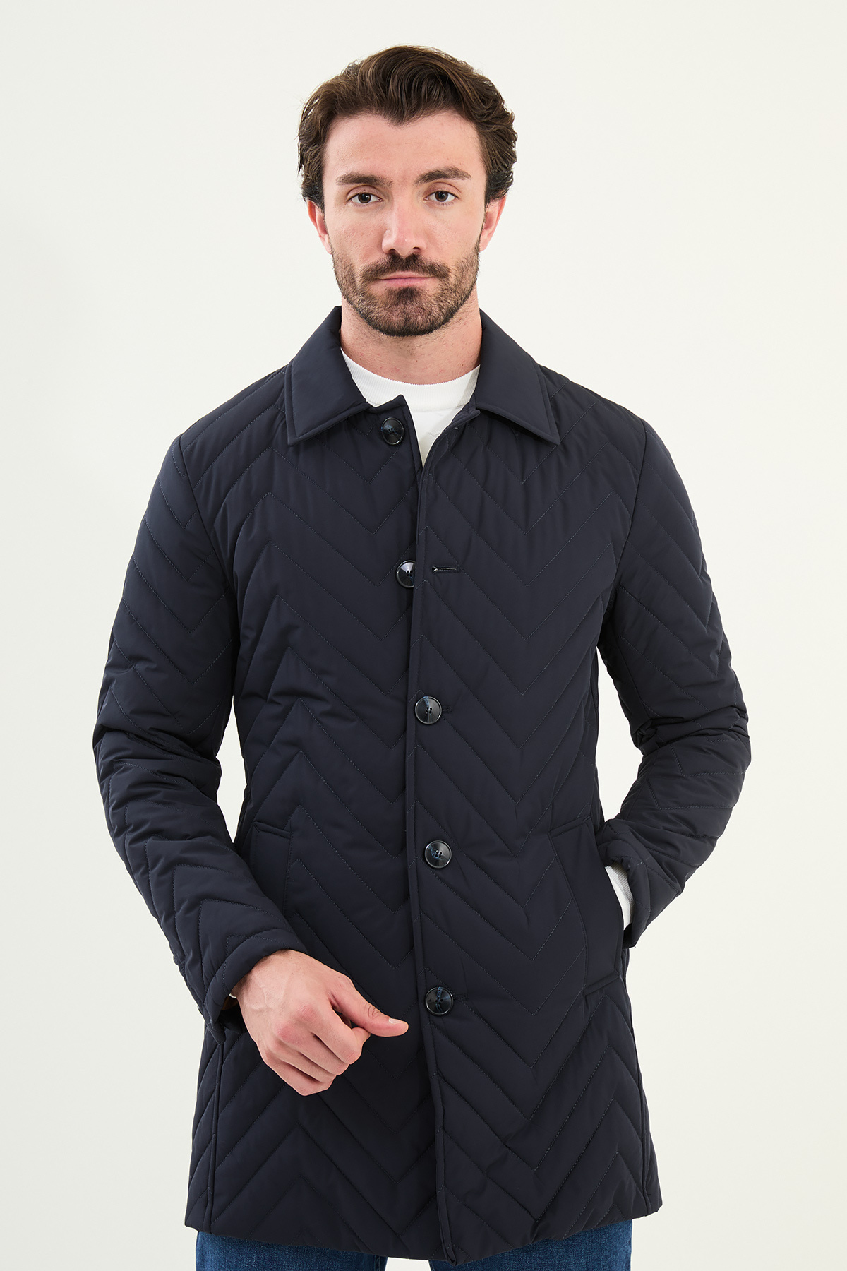 Desenli Slim Fit Gömlek Yaka Erkek Trench Coat Lacivert - 21320.25K — رنگارنگ — تصویر 4 از 6